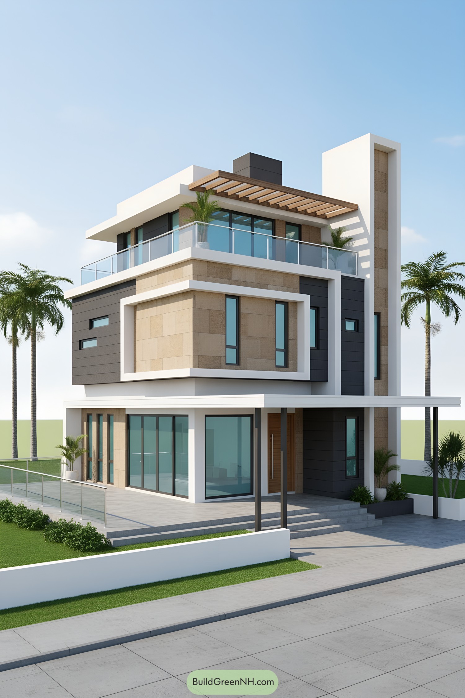 Modern three-story house with glass terraces