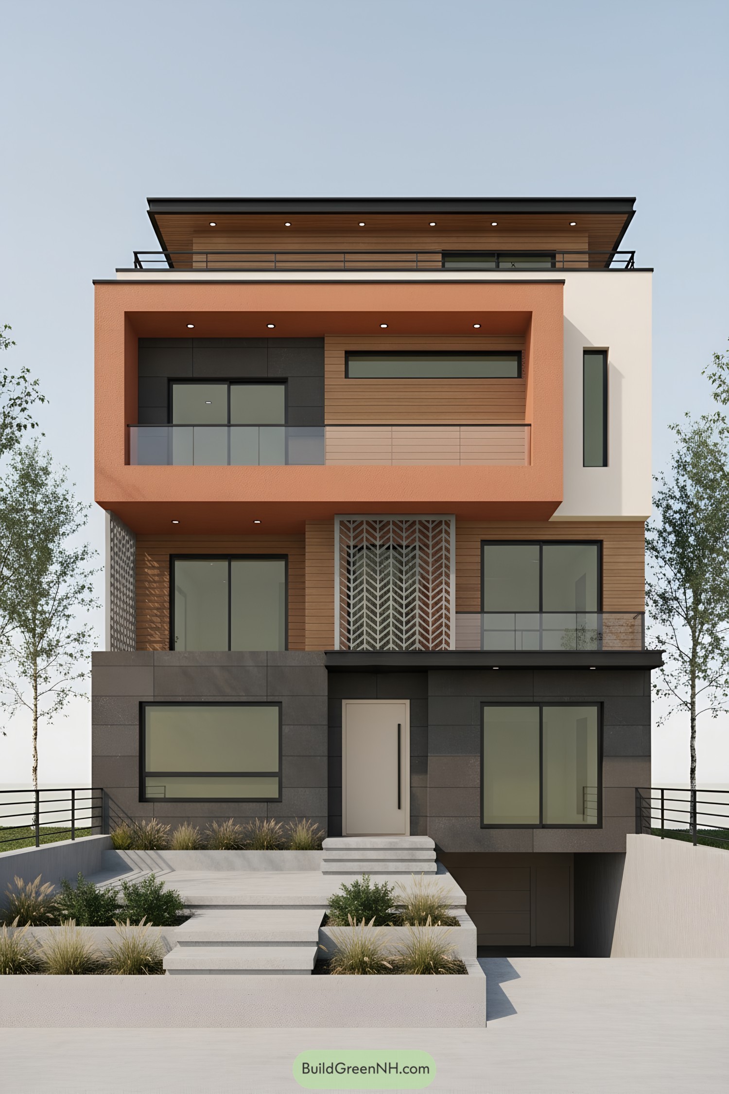 Modern multi-story house with terracotta facade and glass balconies