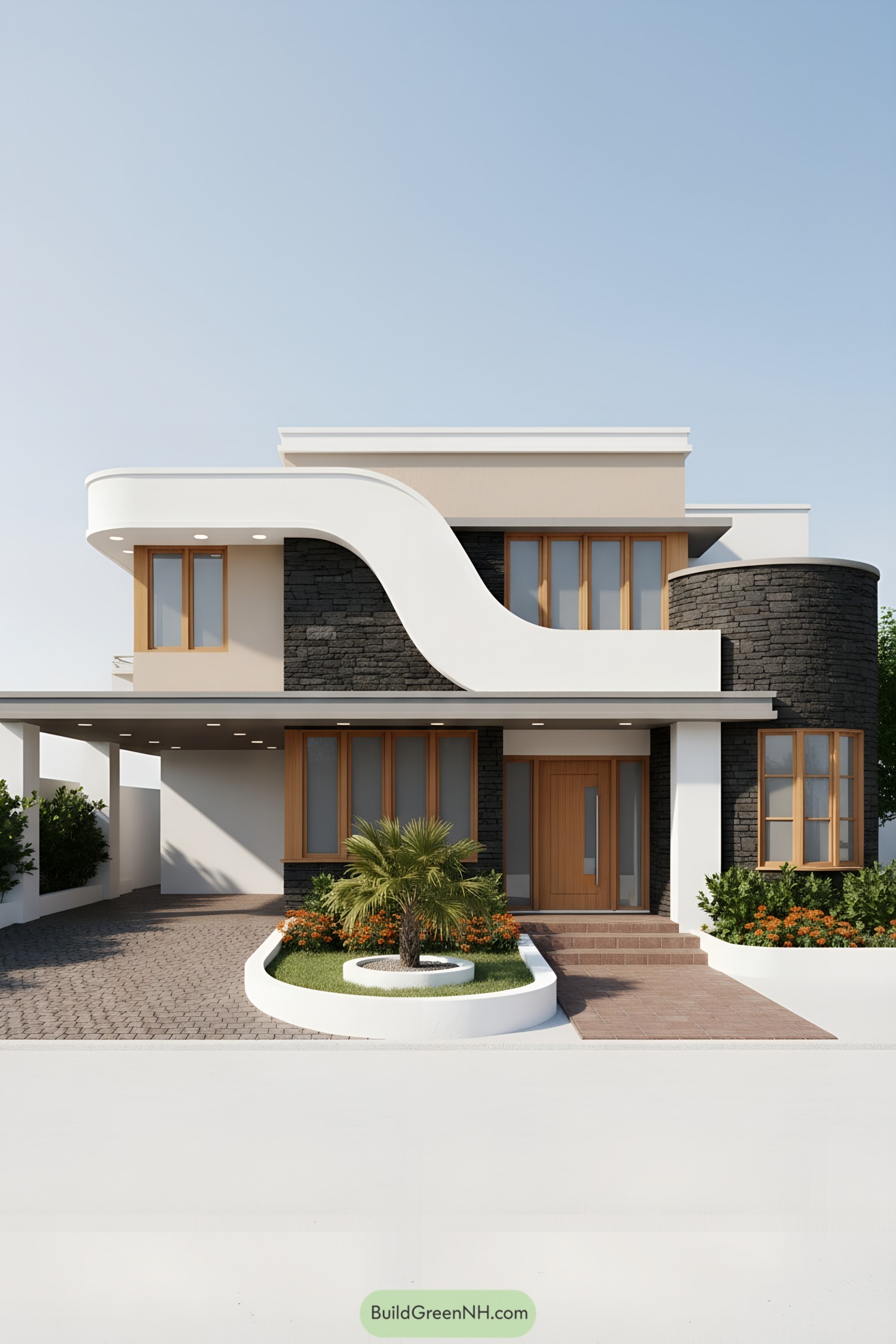 Two-story modern home with sweeping white curve and dark stone accents