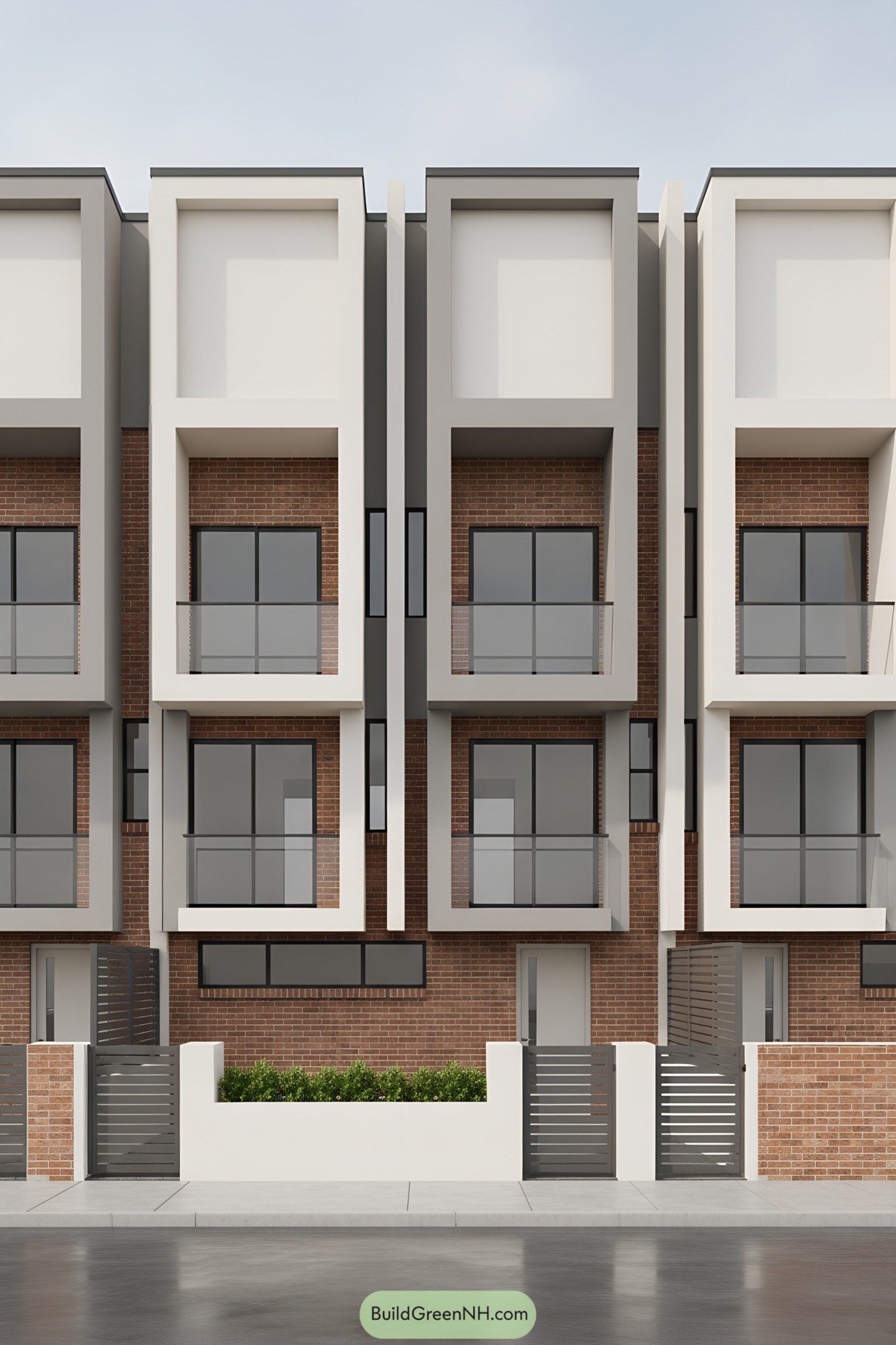 Modern townhouse facade with white frames and brick