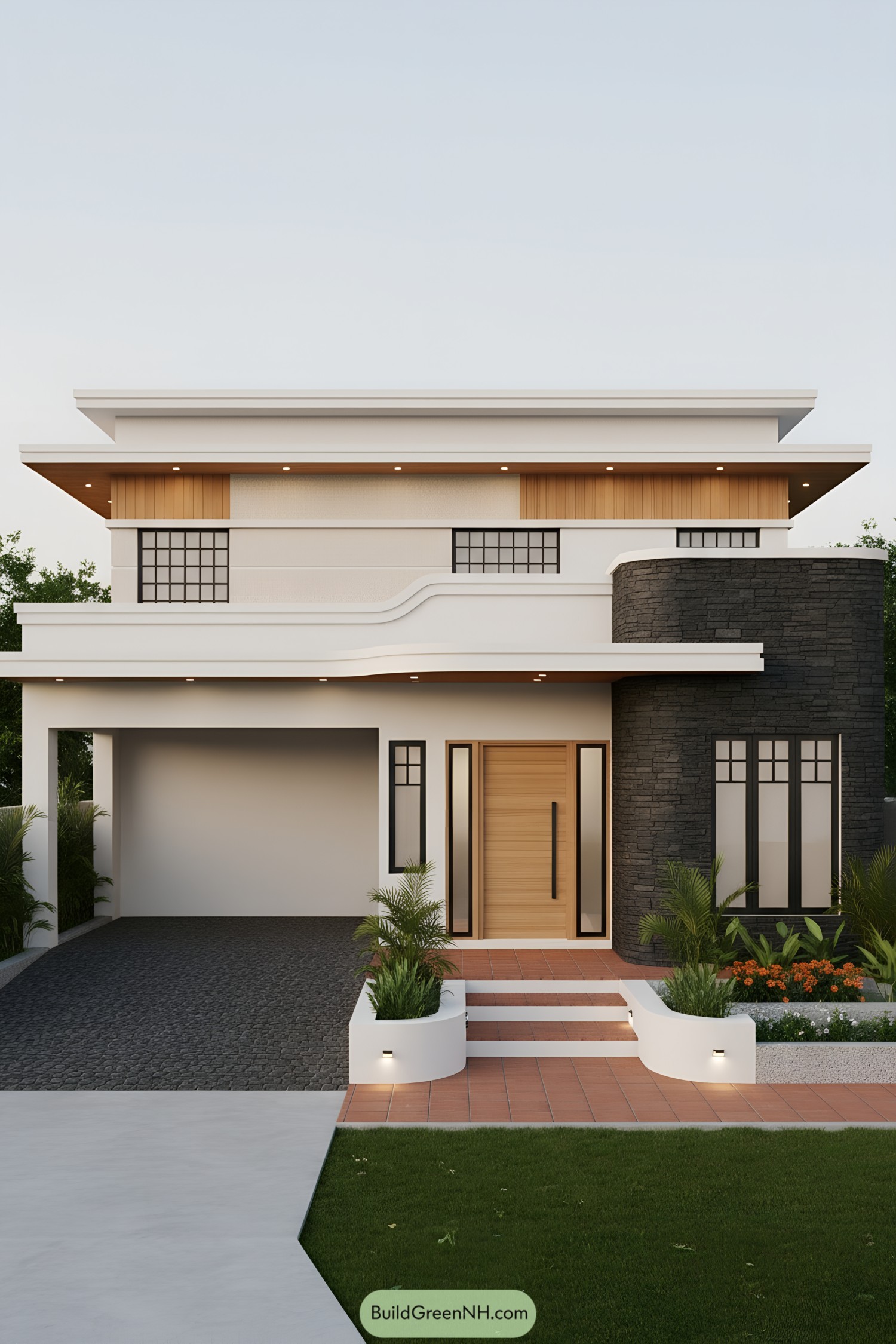 Two-story modern house with curved stone tower, warm wood door, and layered flat roofs