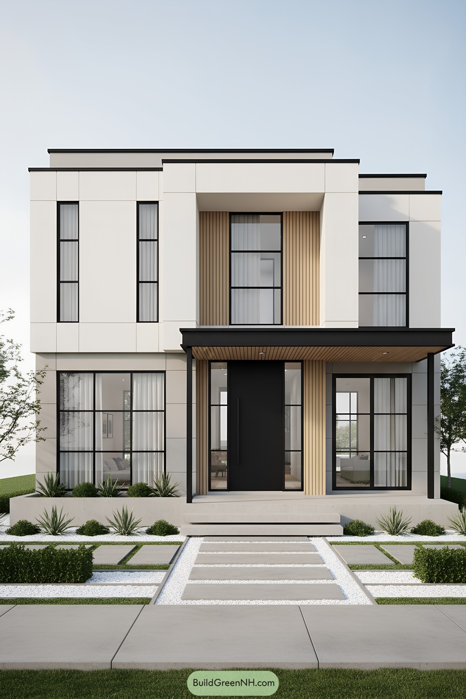 Modern two-story facade with black-framed windows and wood accents