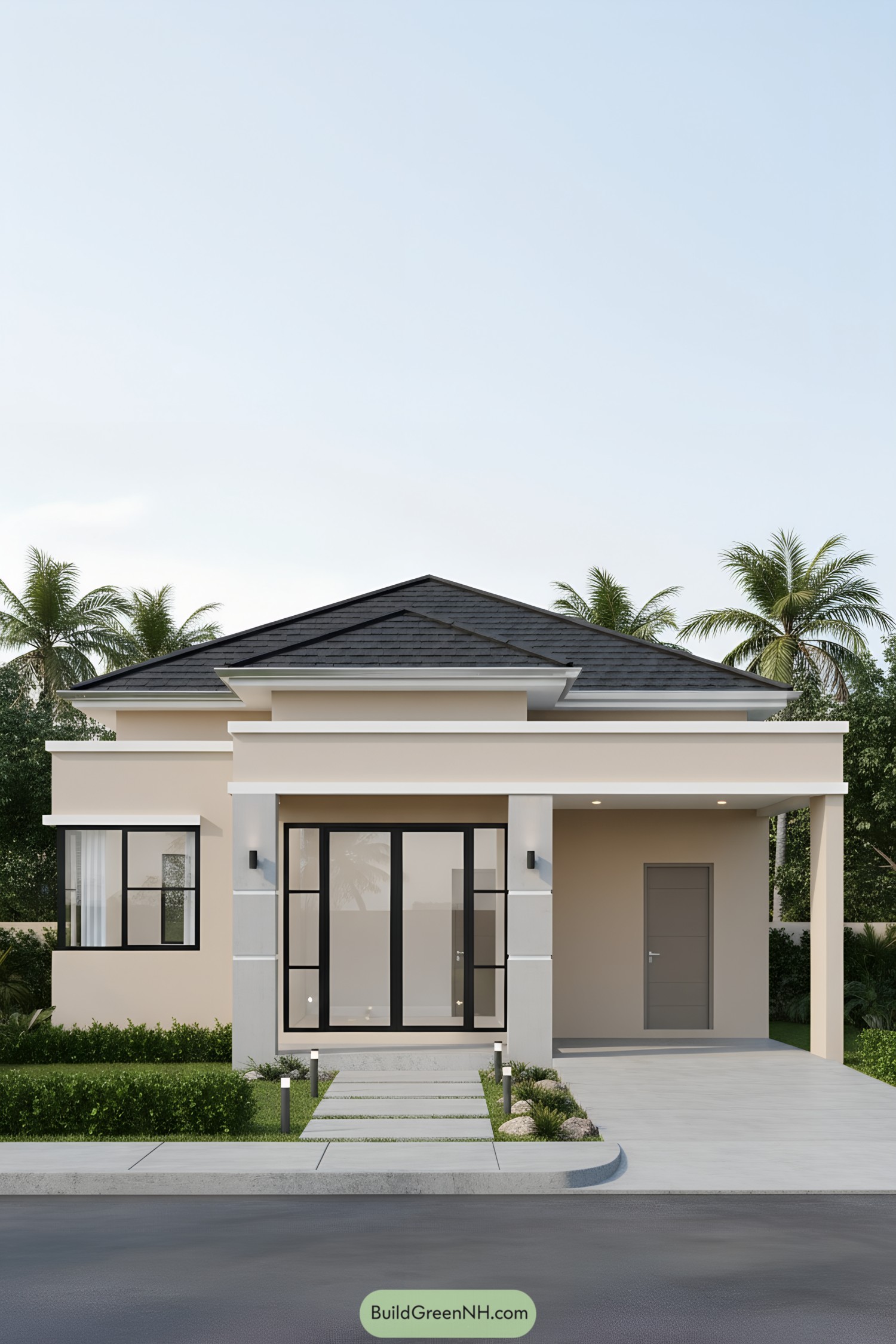 Single-story beige modern house with black-trim windows and flat-roofed portico