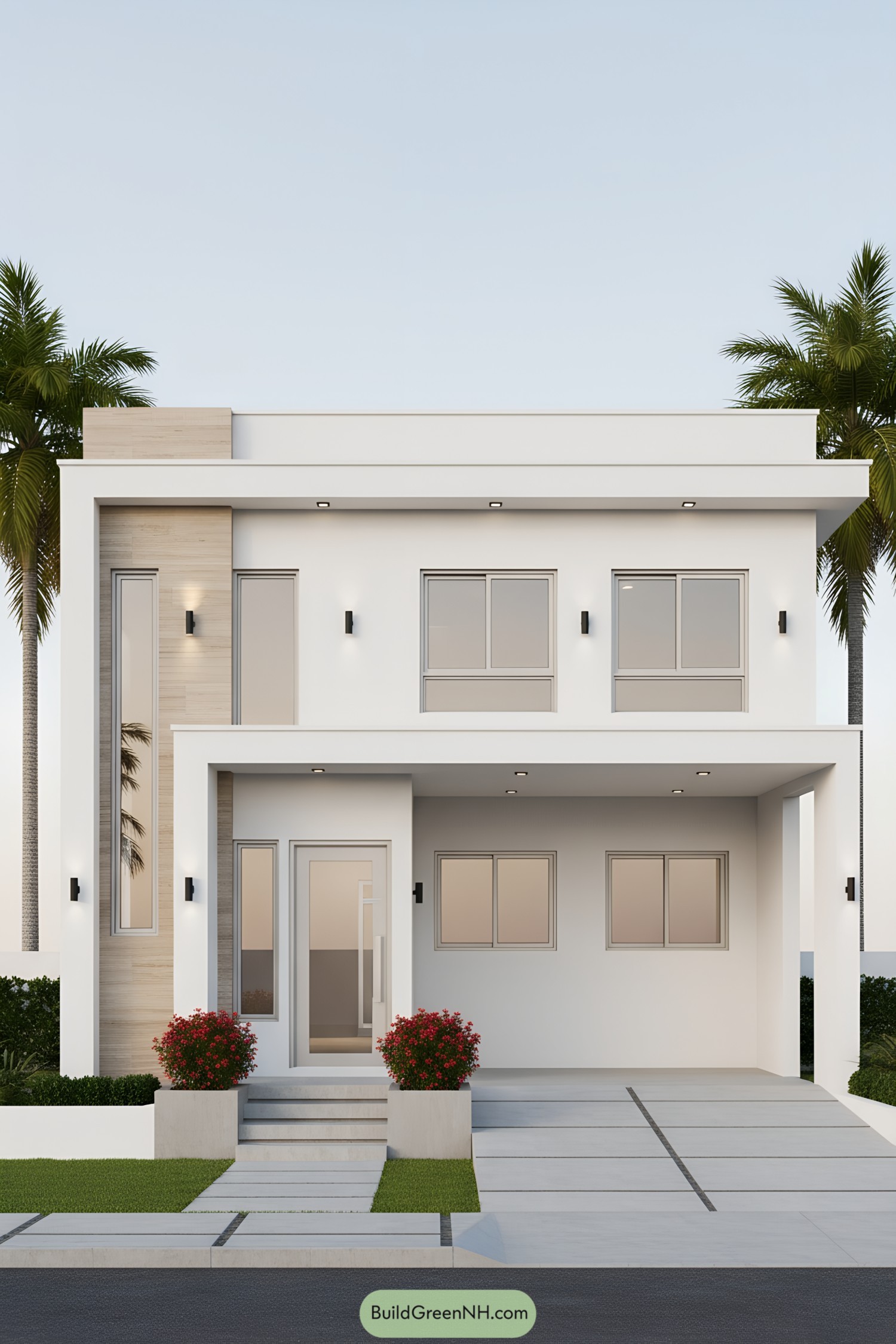 White cubic house with wood accent column and covered carport