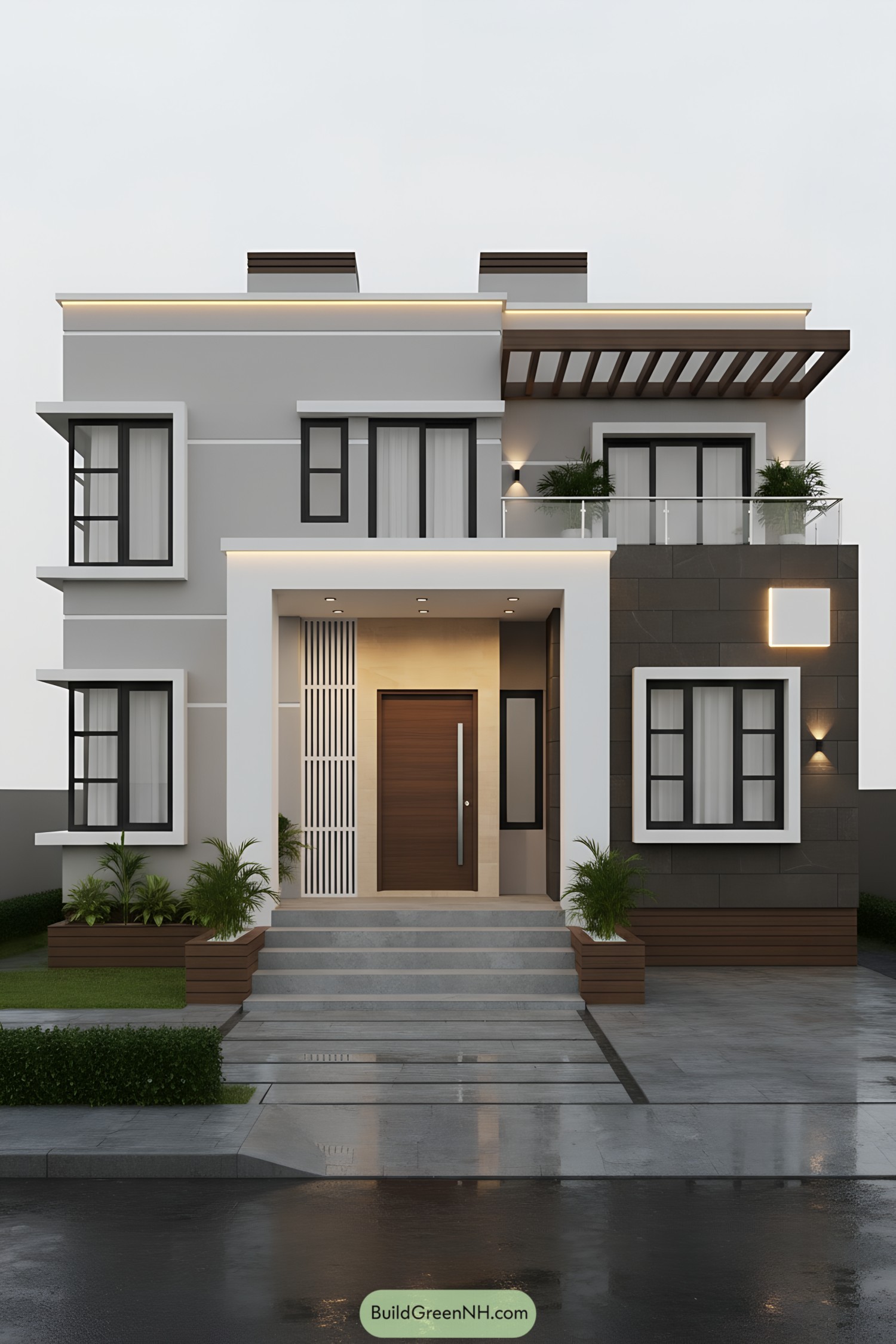 Modern gray two-story house with wood accents and pergola