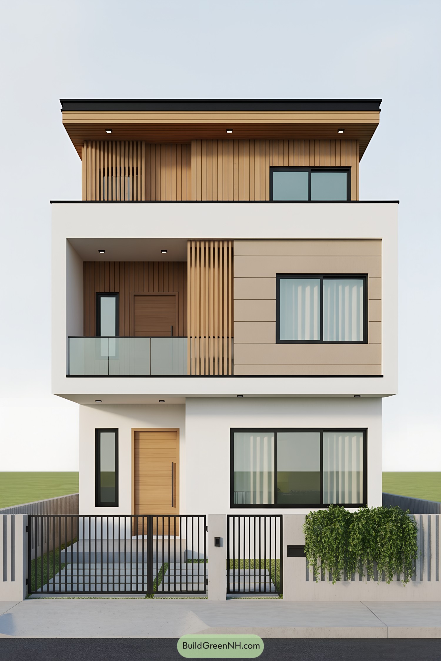 Three-story modern house with white frames, tan cladding, vertical wood slats, and glass balcony over a gated entry