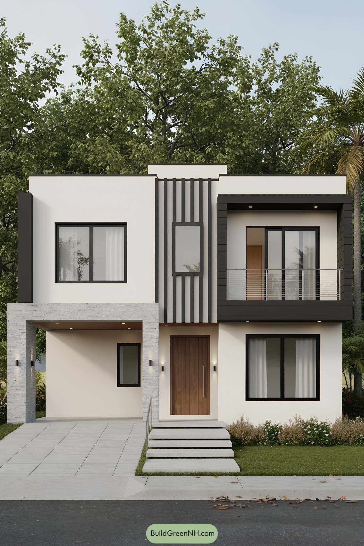 Two-story modern house with black trims and vertical fins