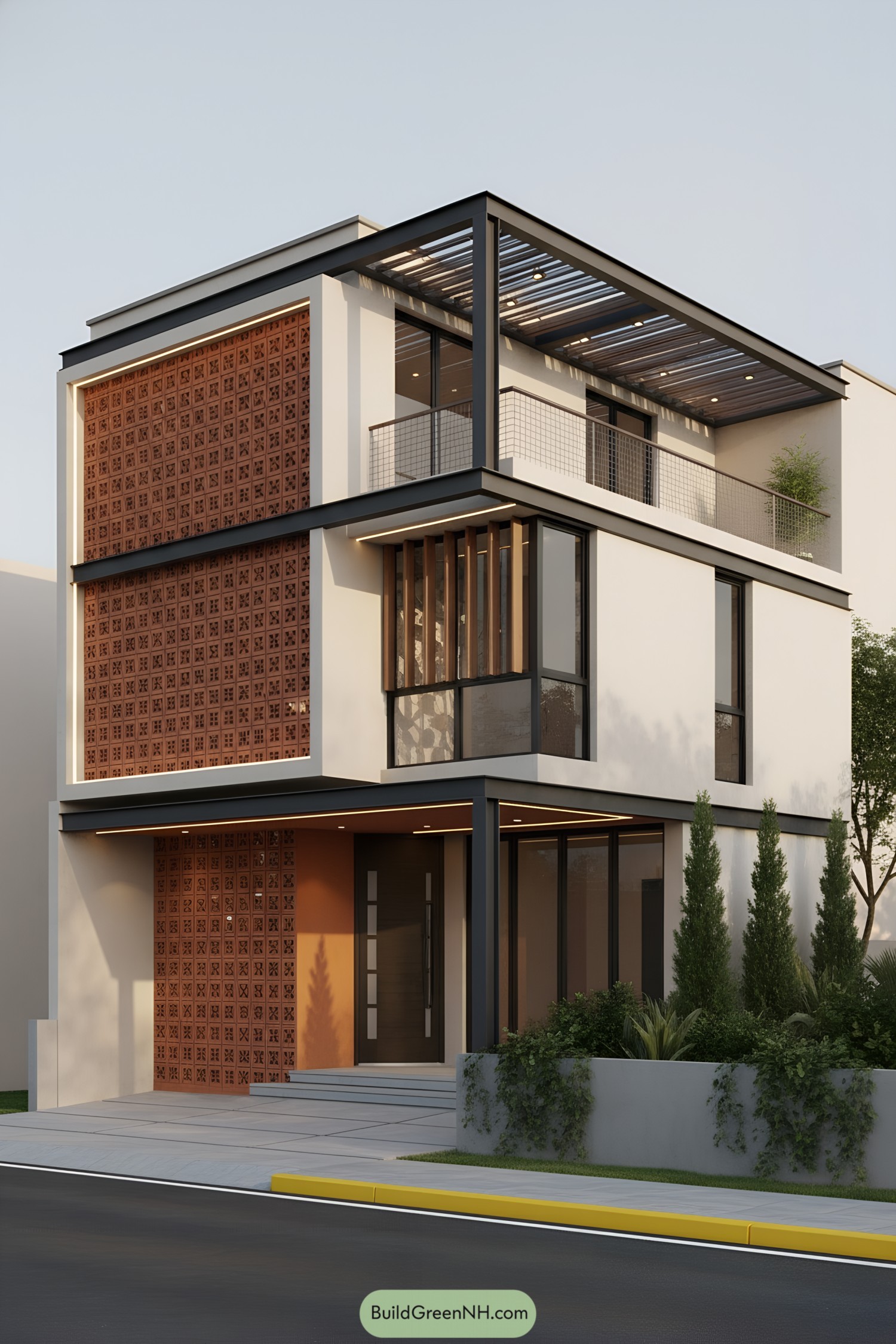 Three-story modern home with terracotta breeze blocks, steel frames, and a rooftop pergola terrace