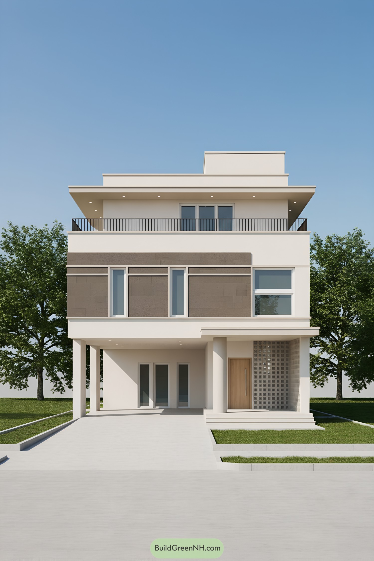 Three-story cream modern home with brown horizontal panel band and wraparound terrace railings