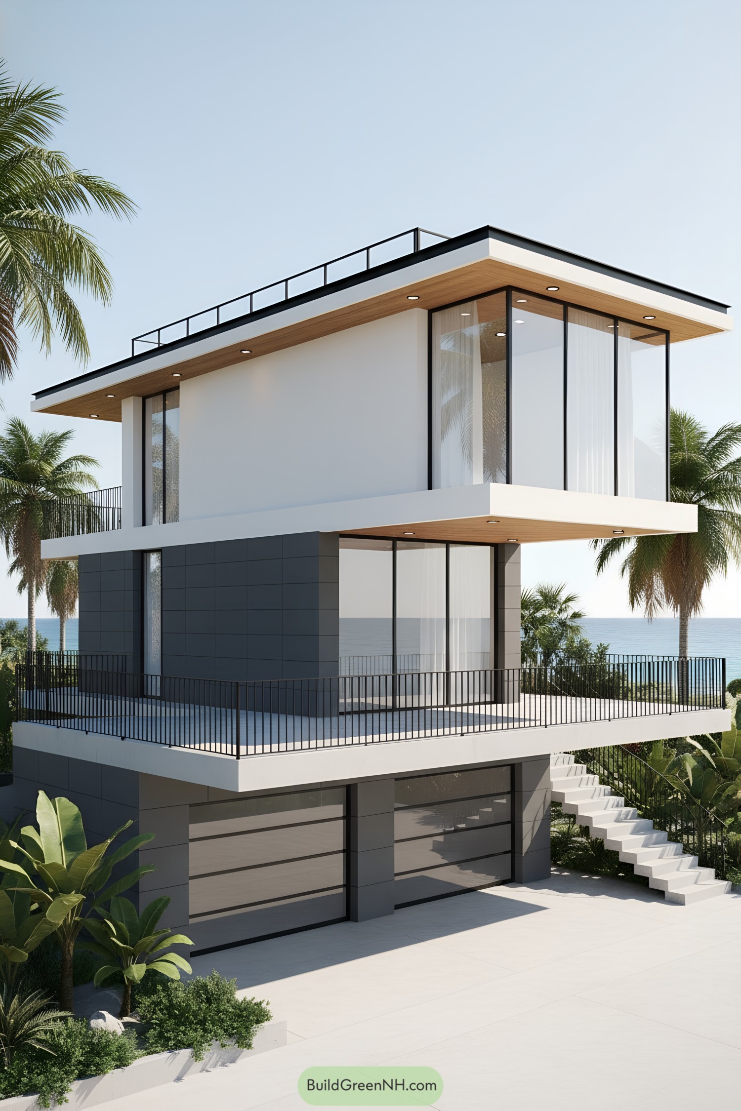 Modern two-story white and charcoal home with wraparound terraces and glass corners facing the sea
