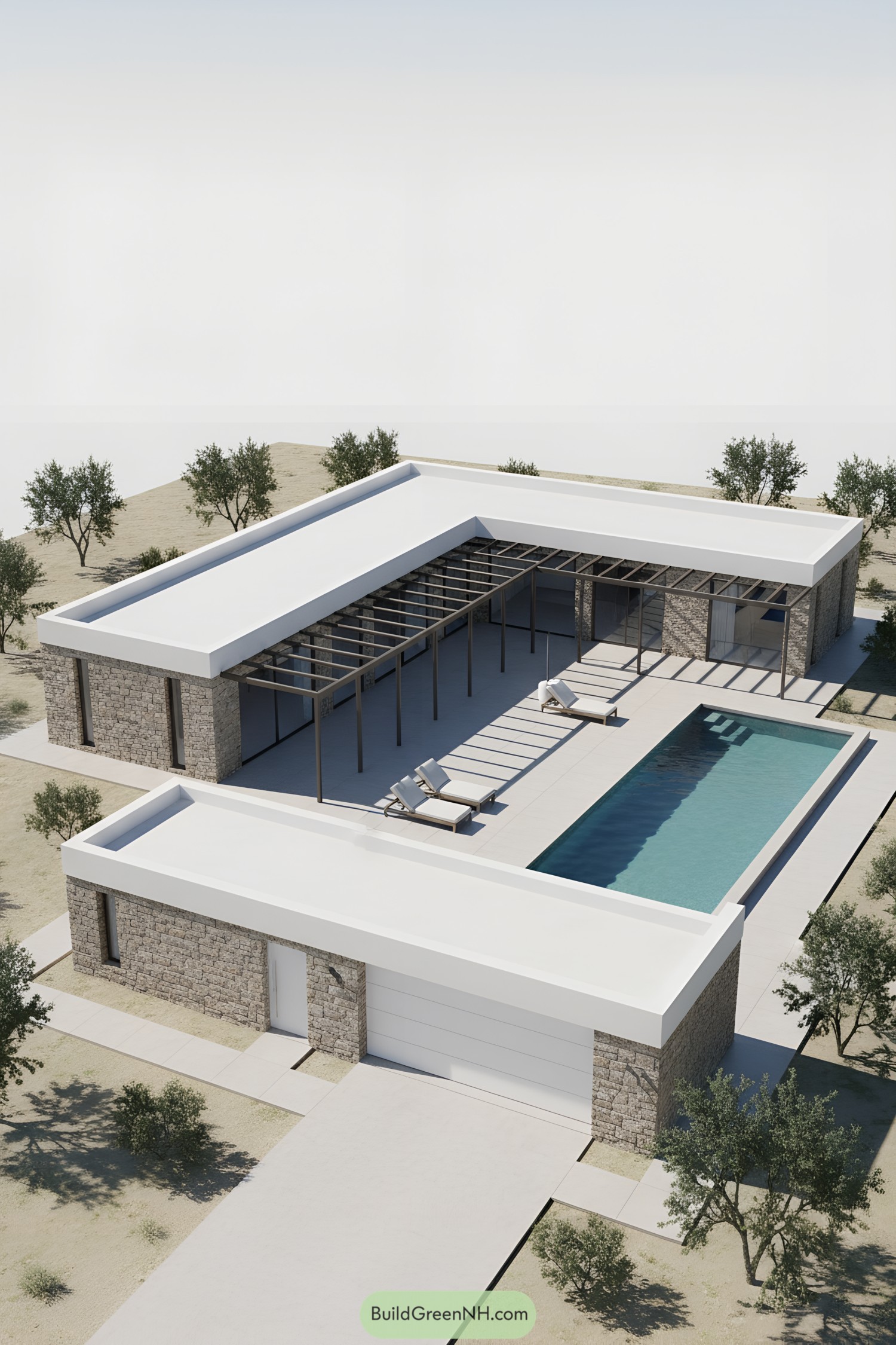 U-shaped modern home with stone walls pergola and lap pool