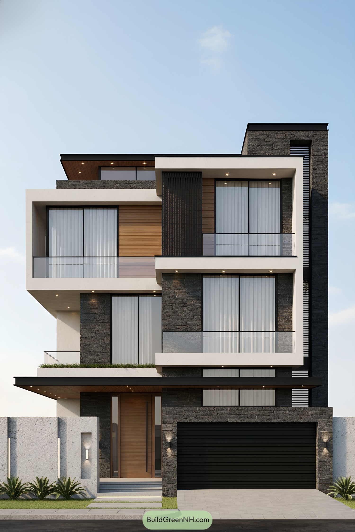 Modern stone and wood multi-story house elevation with bold white frames and glass balconies