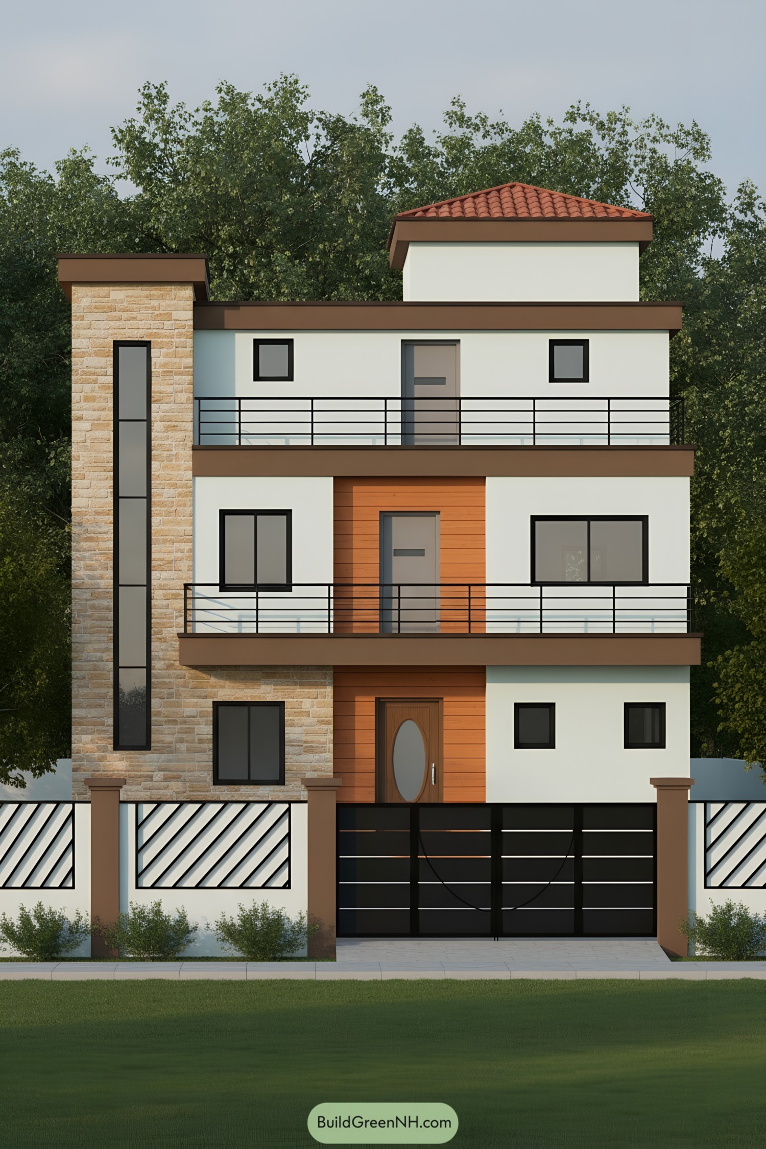 Three-story stone and stucco house with terraces