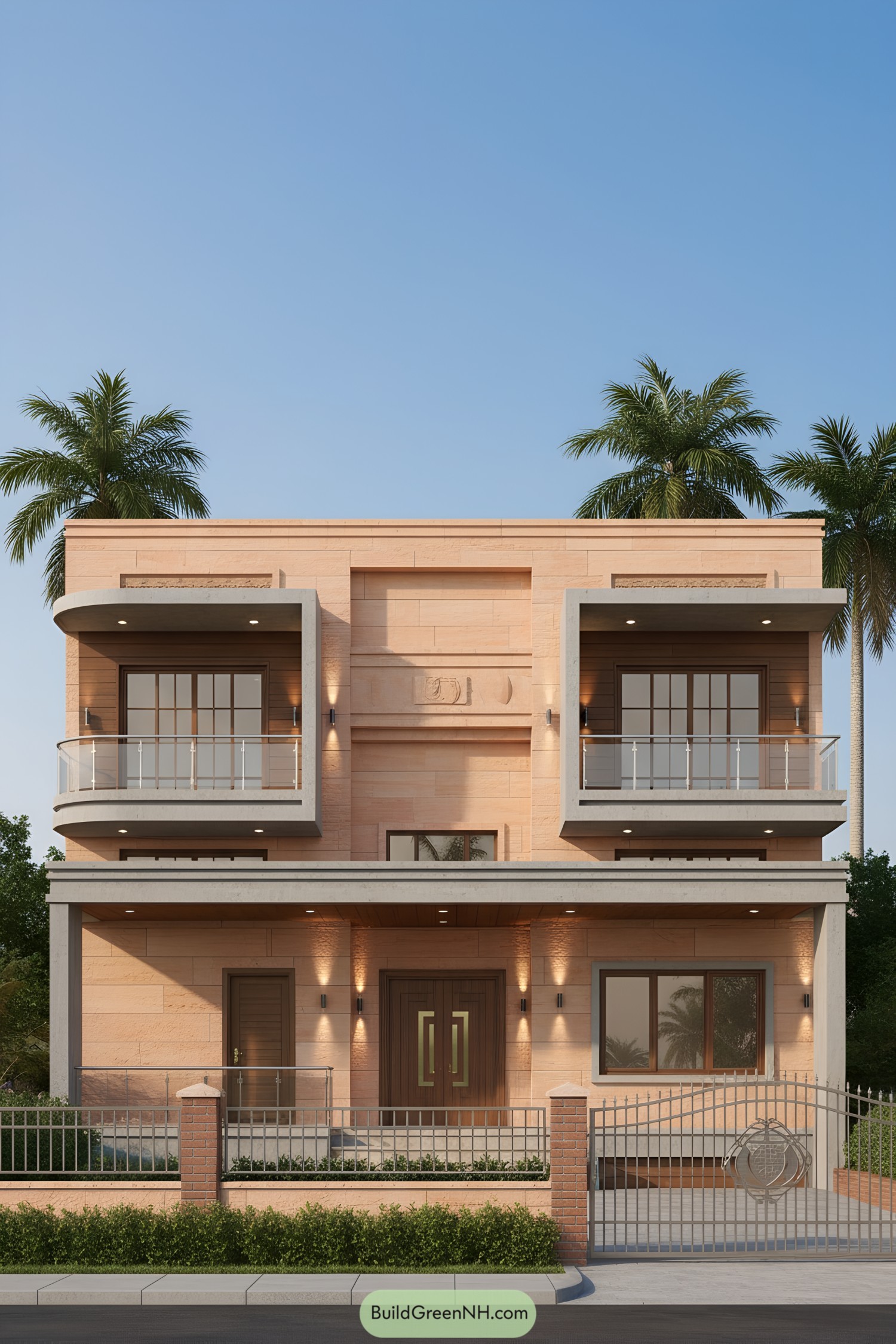 Two-story sandstone home with twin box balconies and glass railings