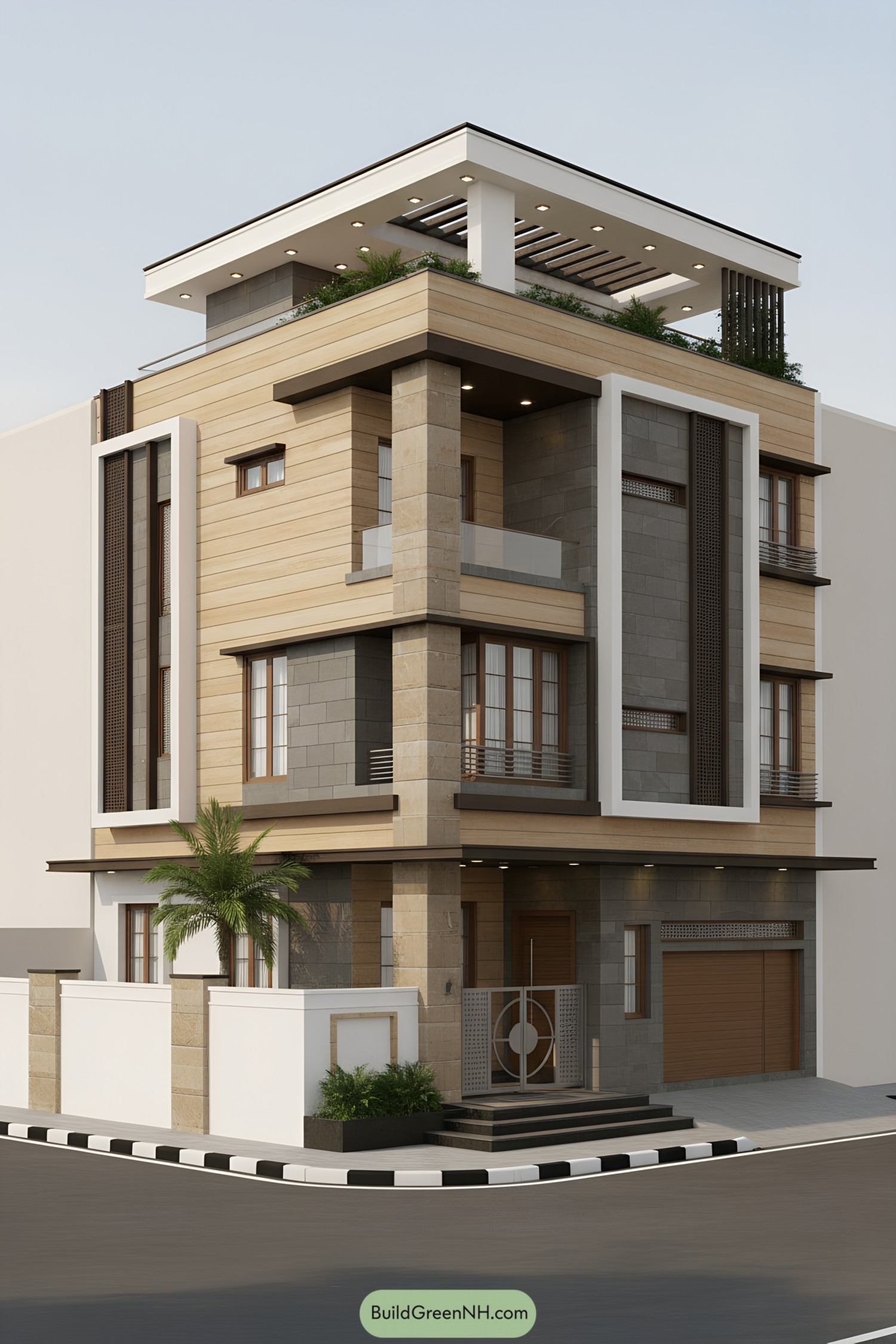 Modern stone-clad townhouse with rooftop pergola and corner balcony