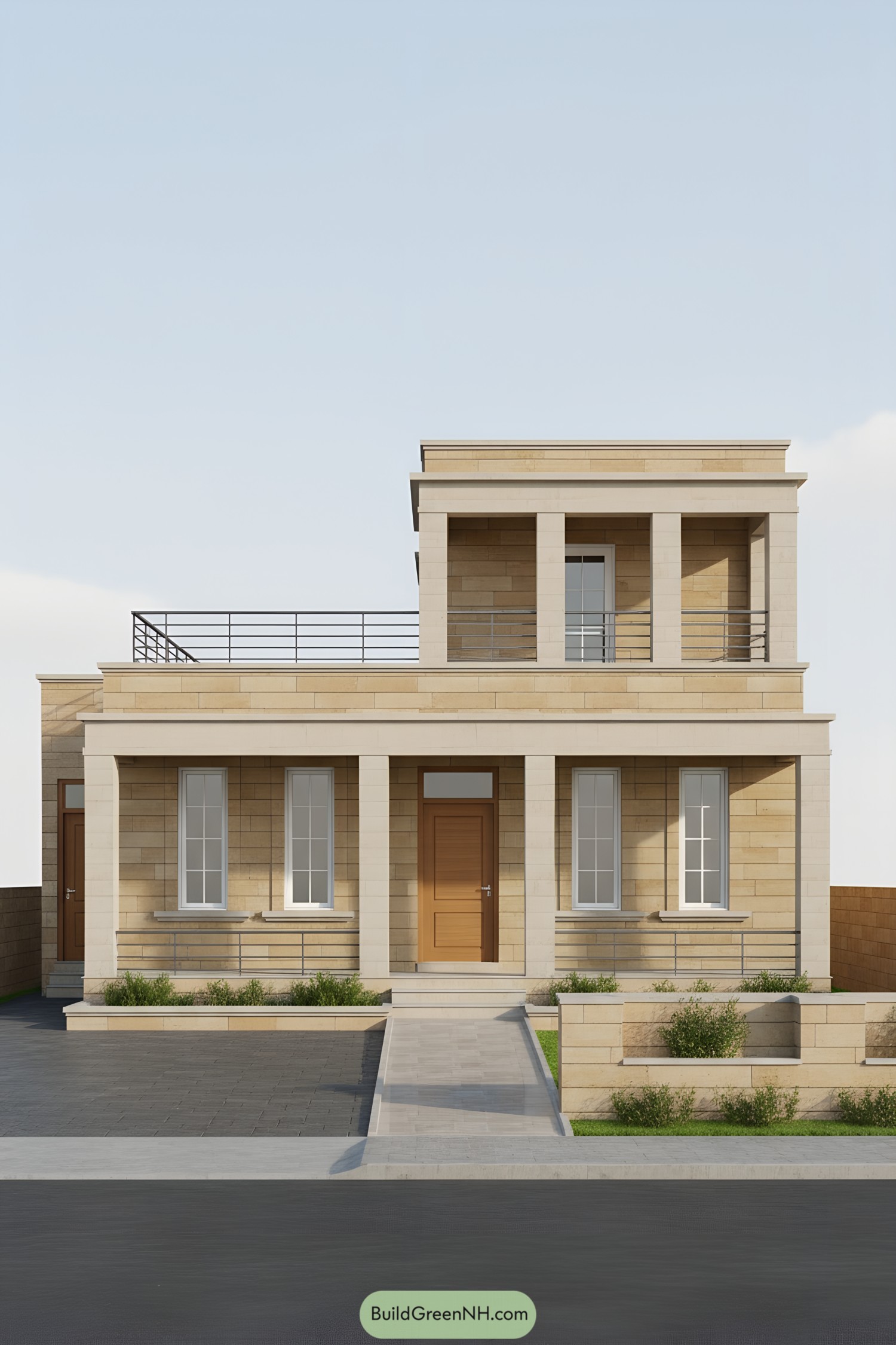 Modern stone villa with columned porch and upper terrace
