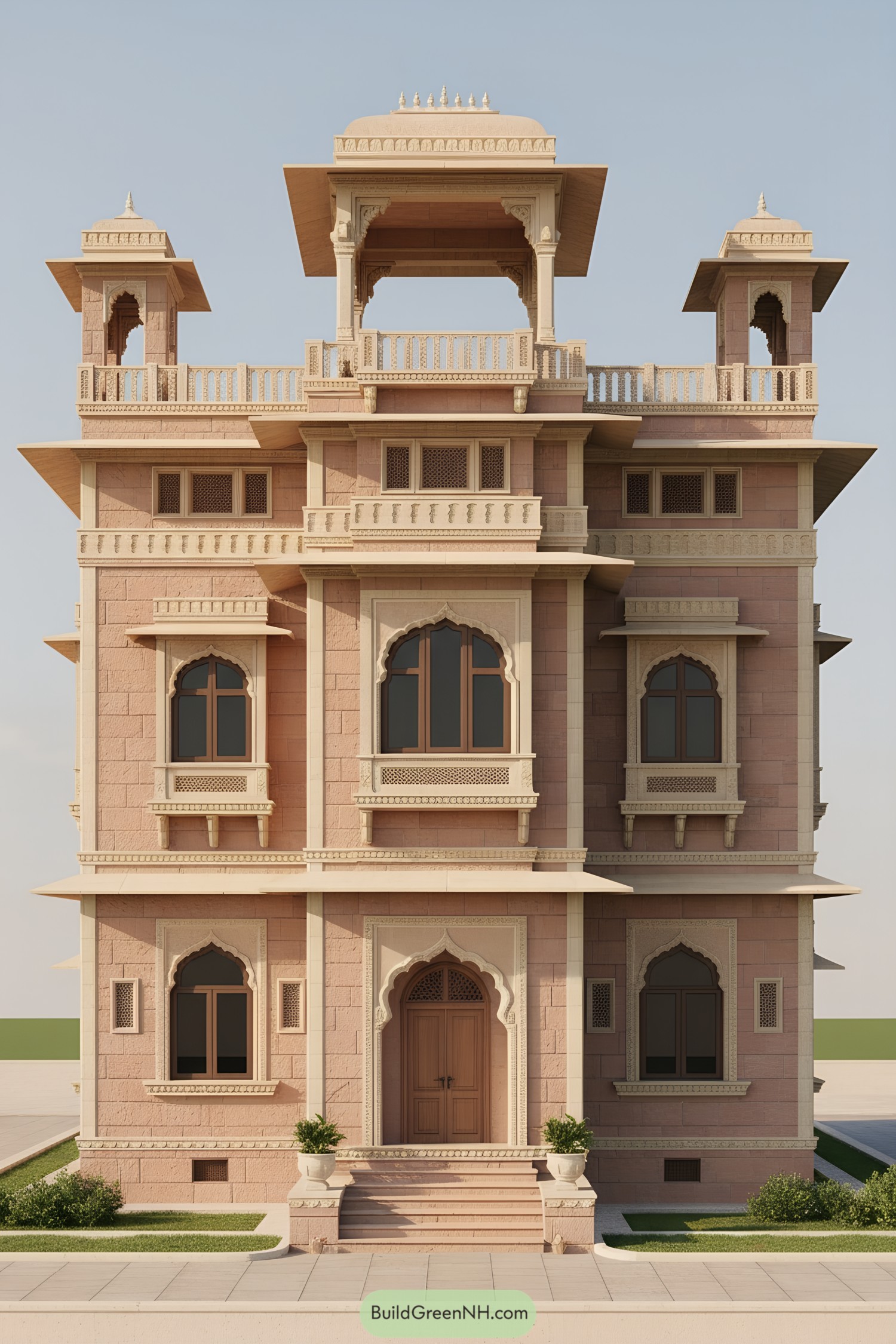 Three-story sandstone mansion with arched windows and rooftop chhatris