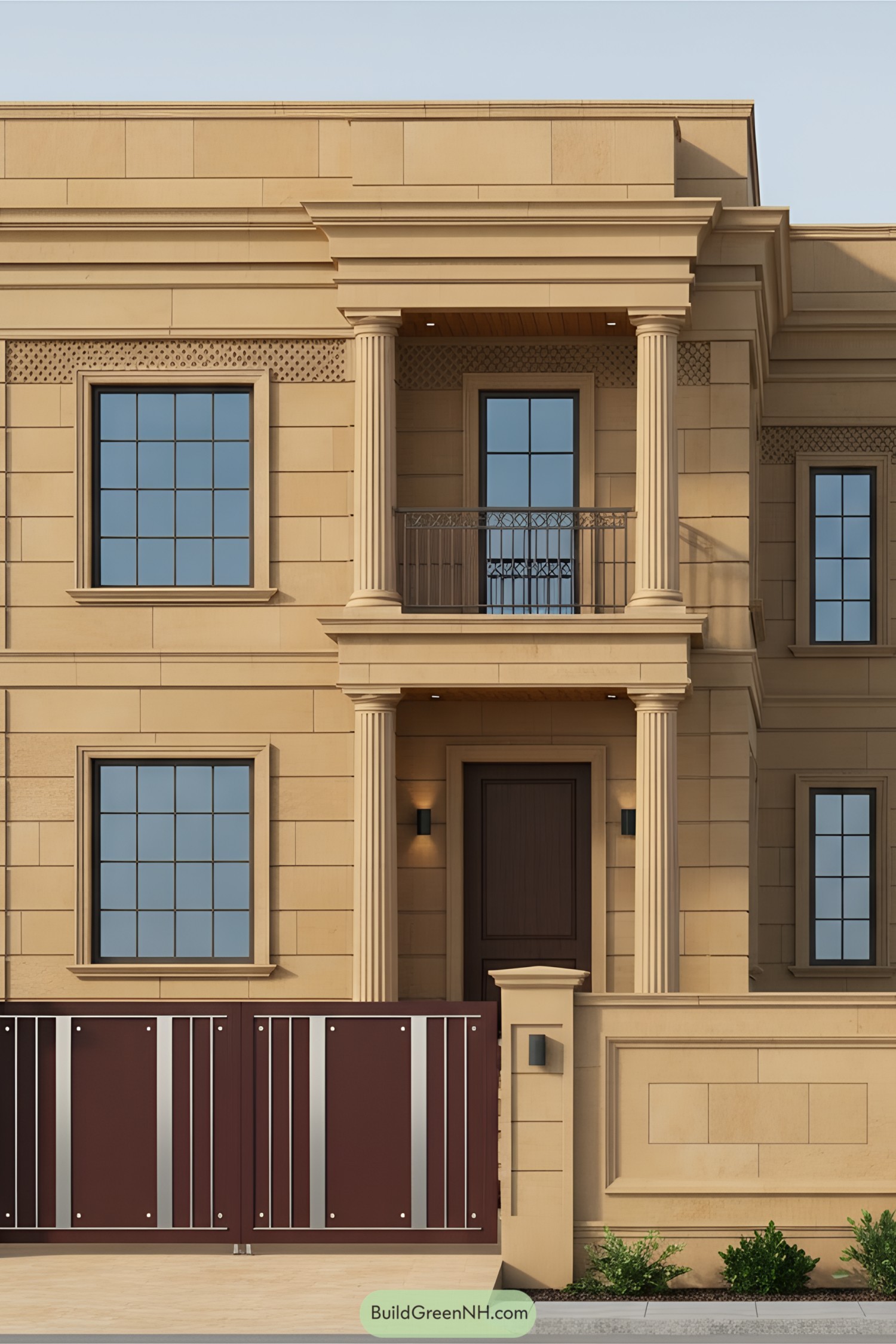Two-story sandstone facade with columns and balcony