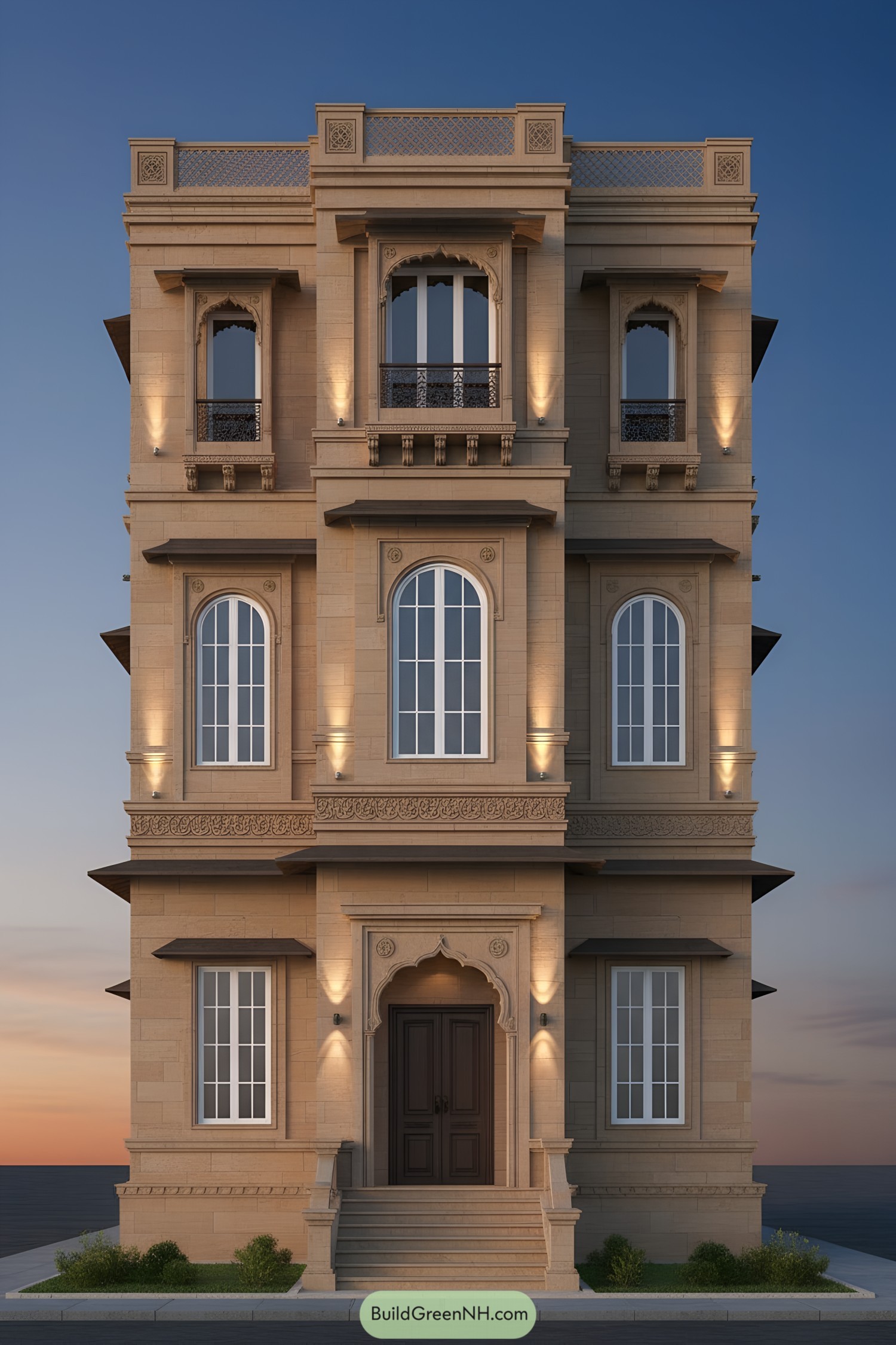 Three-story sandstone townhouse with arched jharokha balconies and warm facade lighting