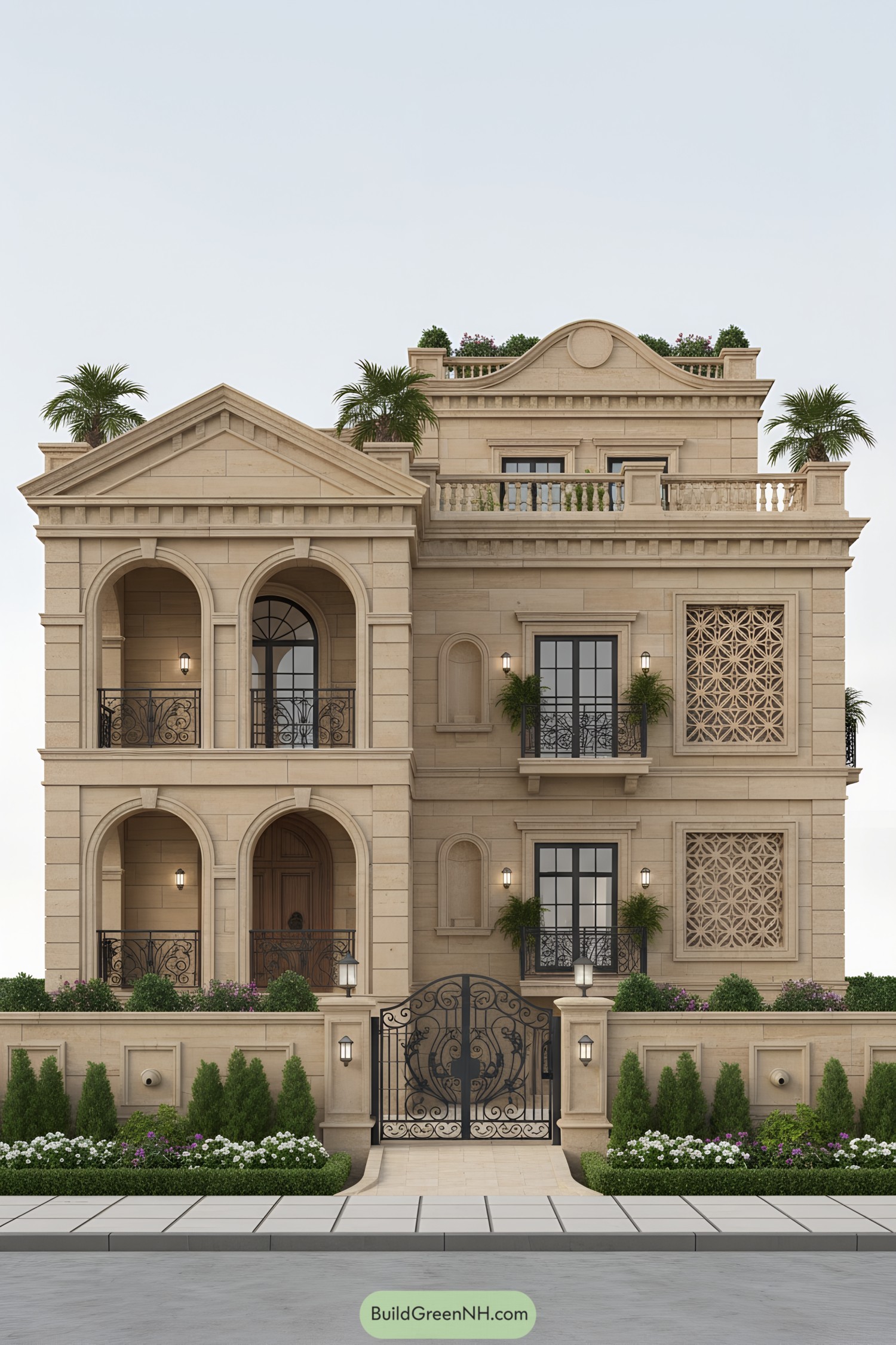 Three-story sandstone villa with arches balconies and lattice screens