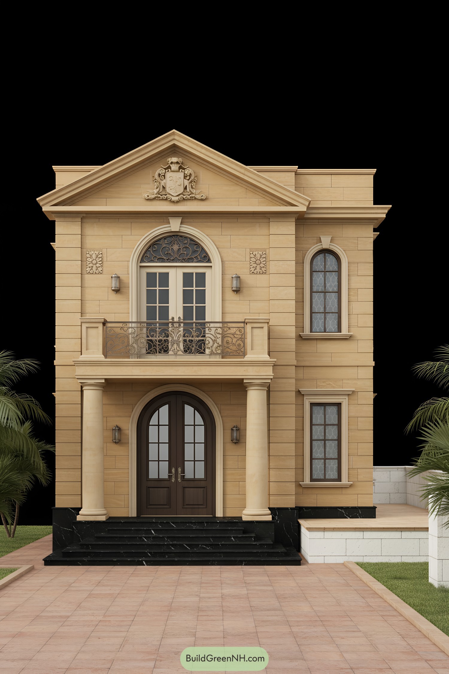 Sandstone-fronted villa with arched doors and balcony