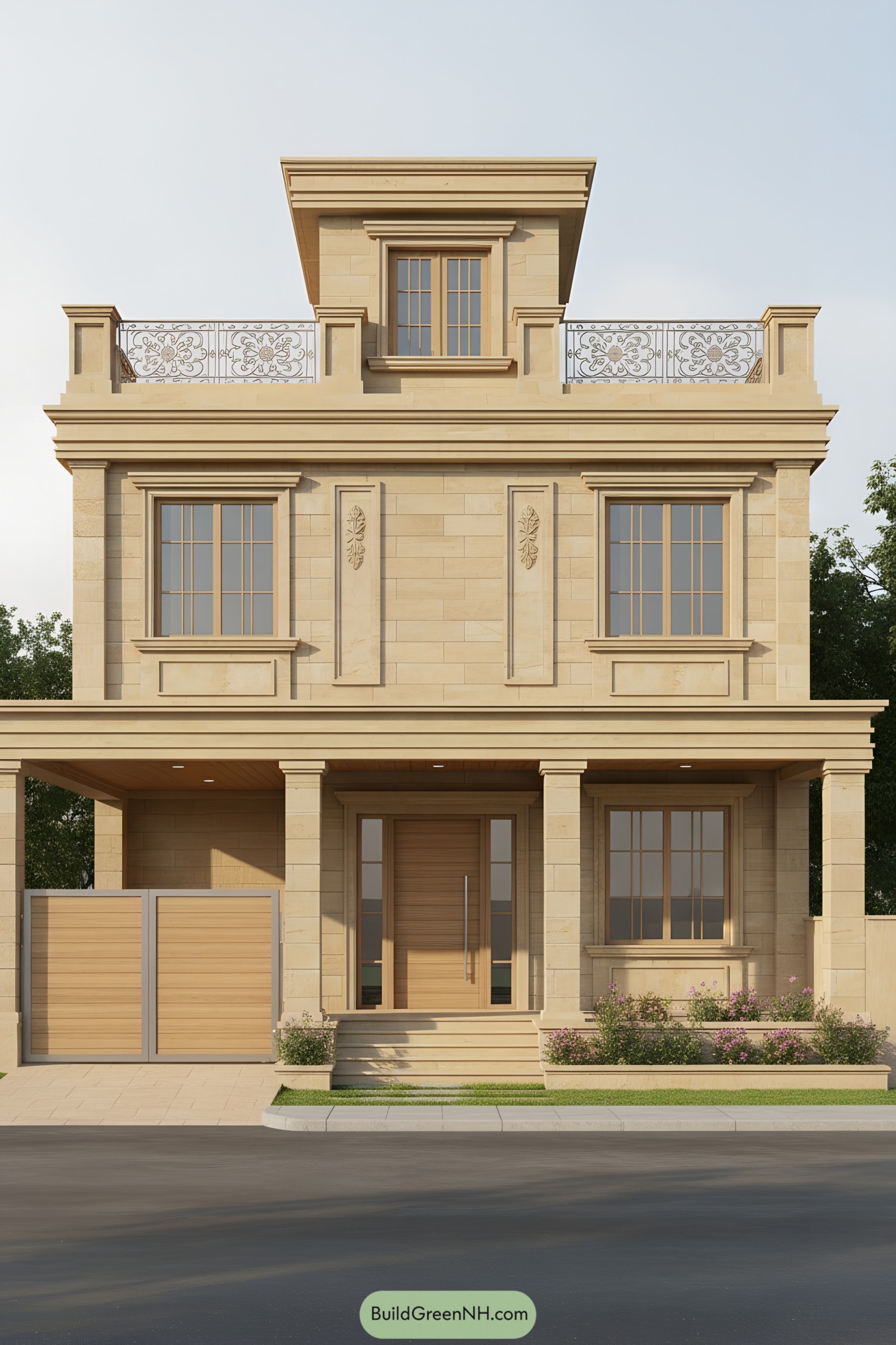 Two-story sandstone villa with rooftop terrace and central cupola, flanked by ornate metal railings and framed windows