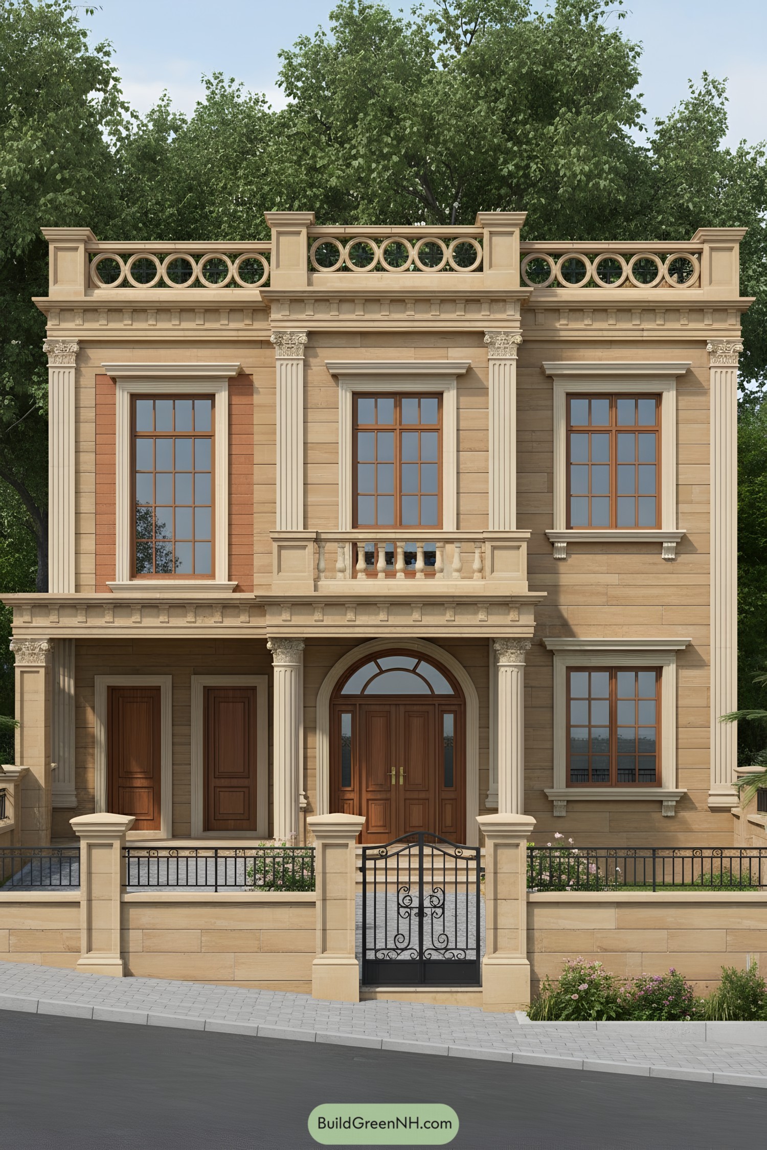 Elegant sandstone villa with arched entry, columns, and balcony. Symmetrical facade framed by pilasters, tall mullioned windows, and wrought-iron gate