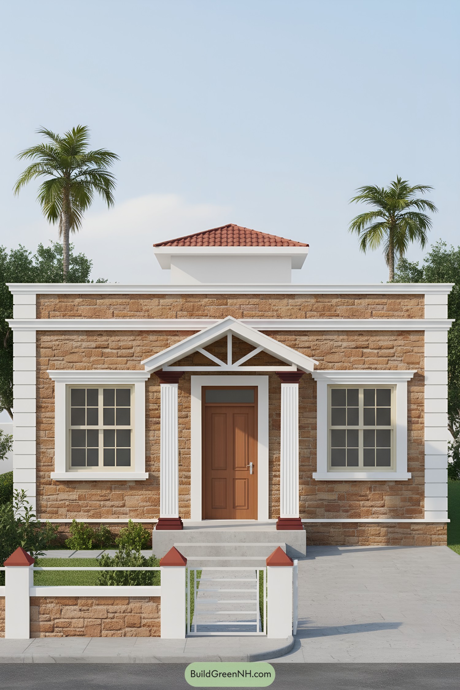 Single-story stone house with white trim and terracotta hip roof