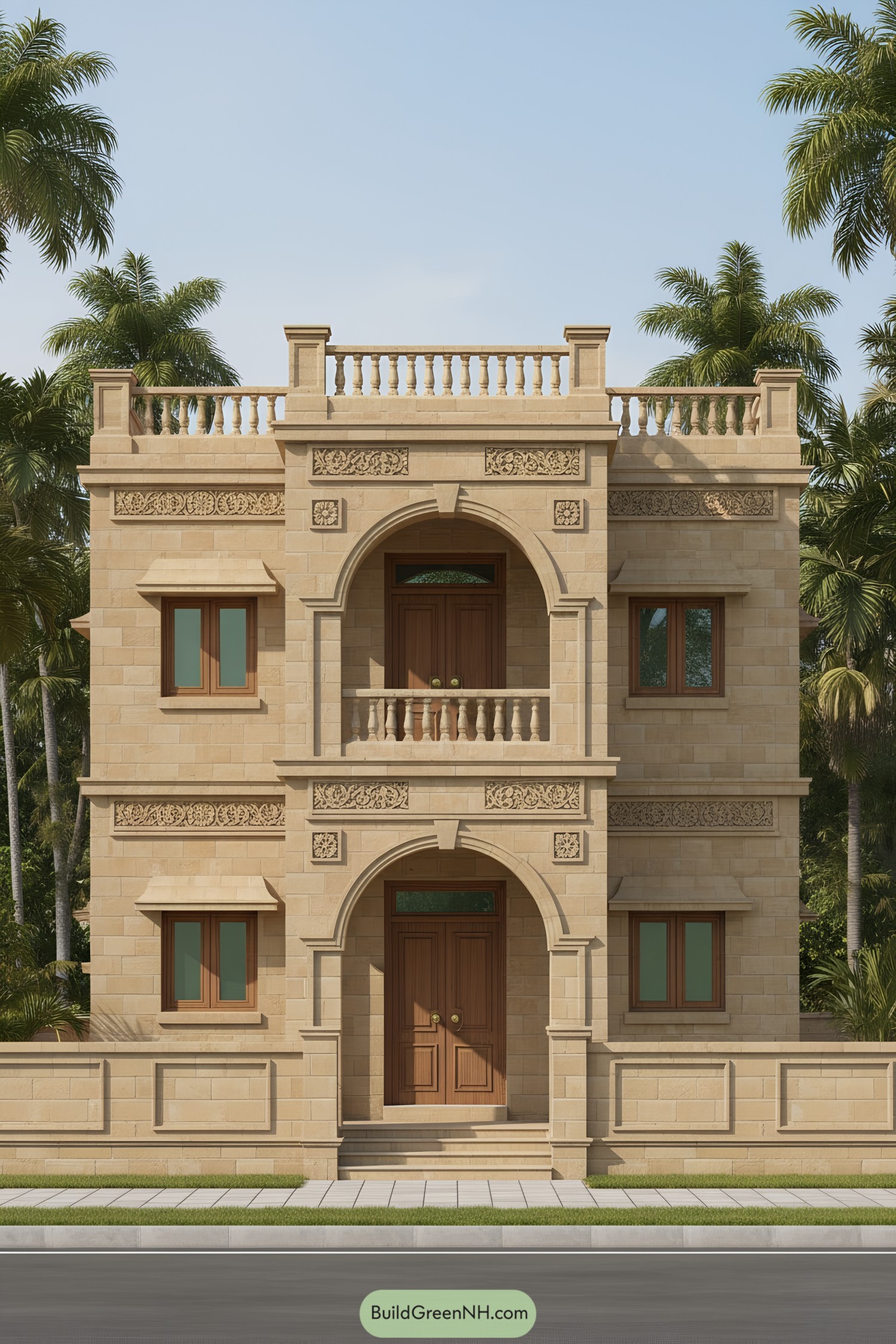 Two-story sandstone facade with arches and balustrades