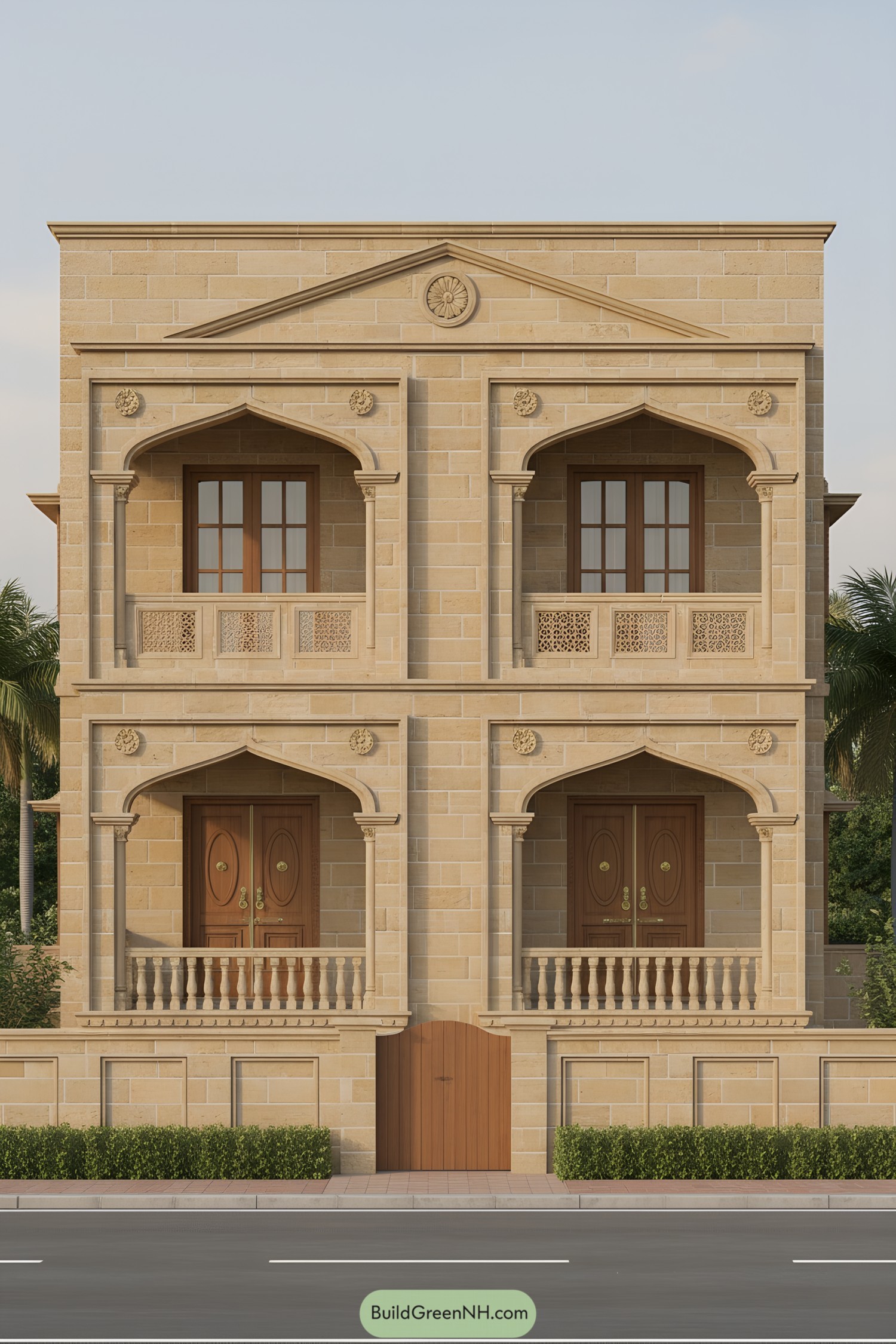 Sandstone facade with twin arched balconies and wood doors