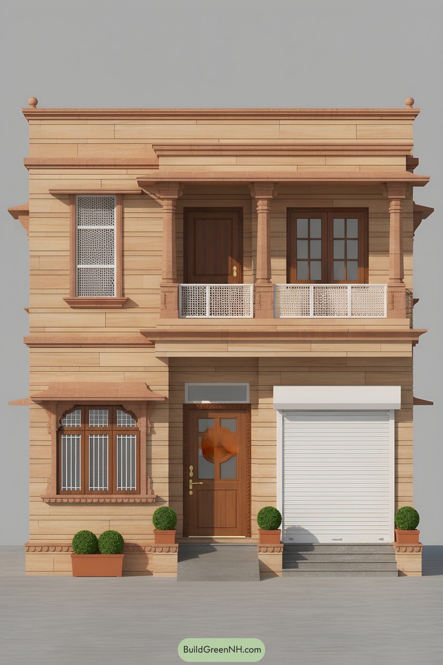 Two-story sandstone facade with carved columns, wooden doors, and white lattice balcony