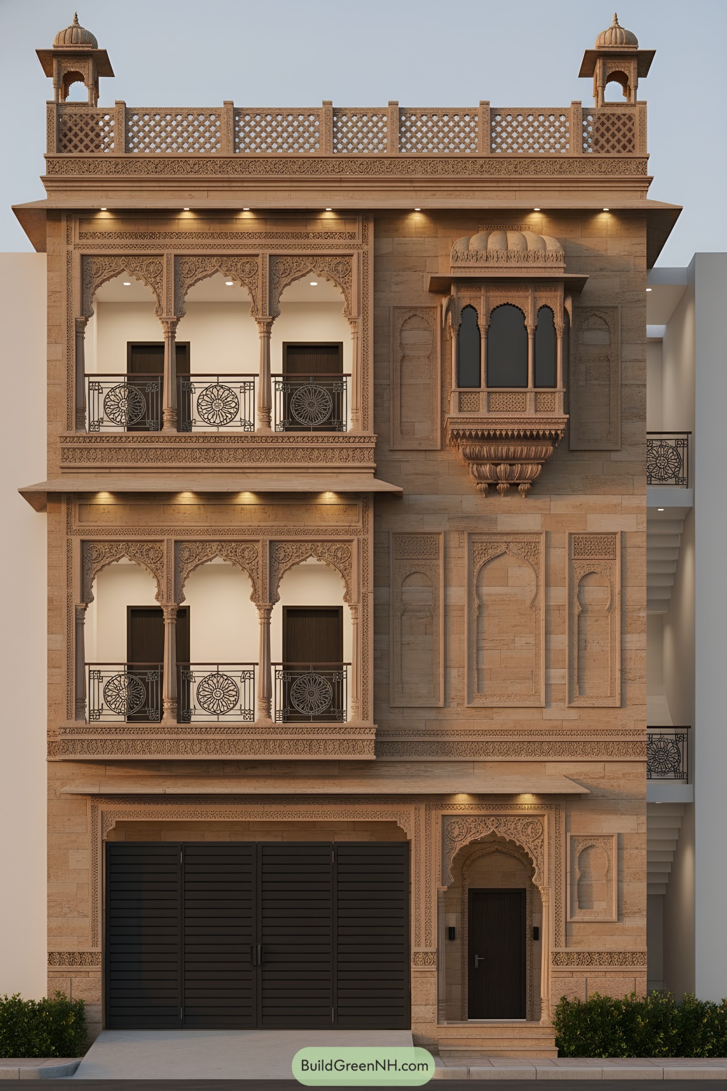 Three-story sandstone facade with ornate jharokha and arched balconies