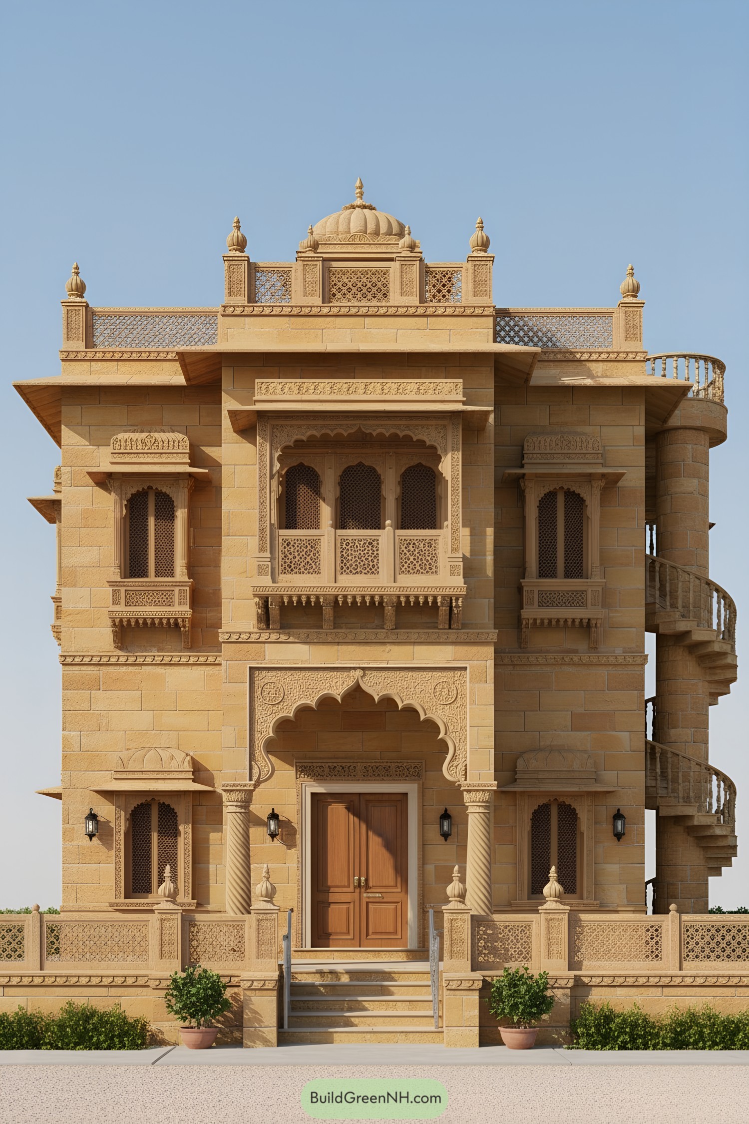 Golden sandstone townhouse with intricate jali screens and a domed parapet