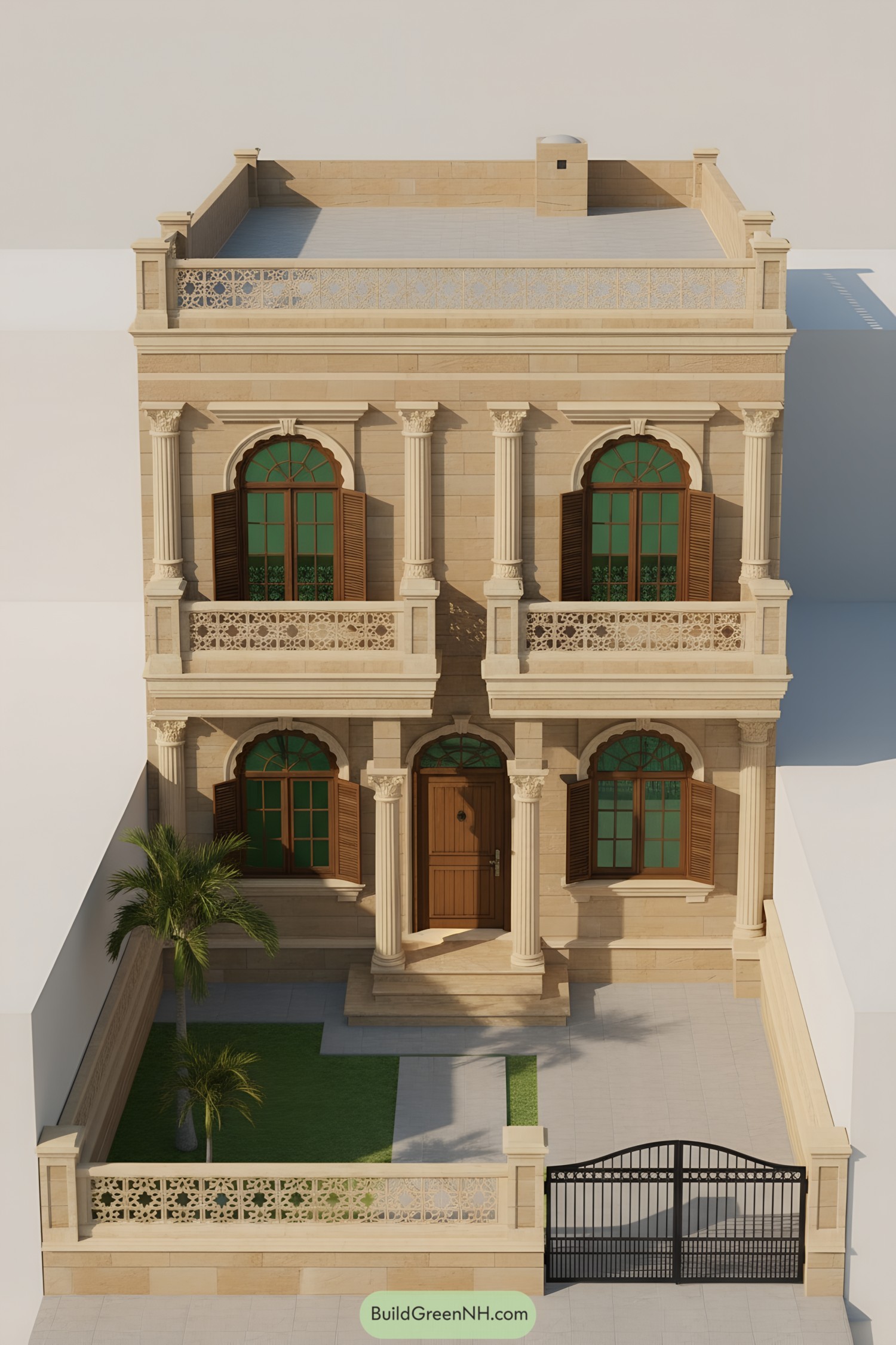 Two-story sandstone house with arched windows and carved railings