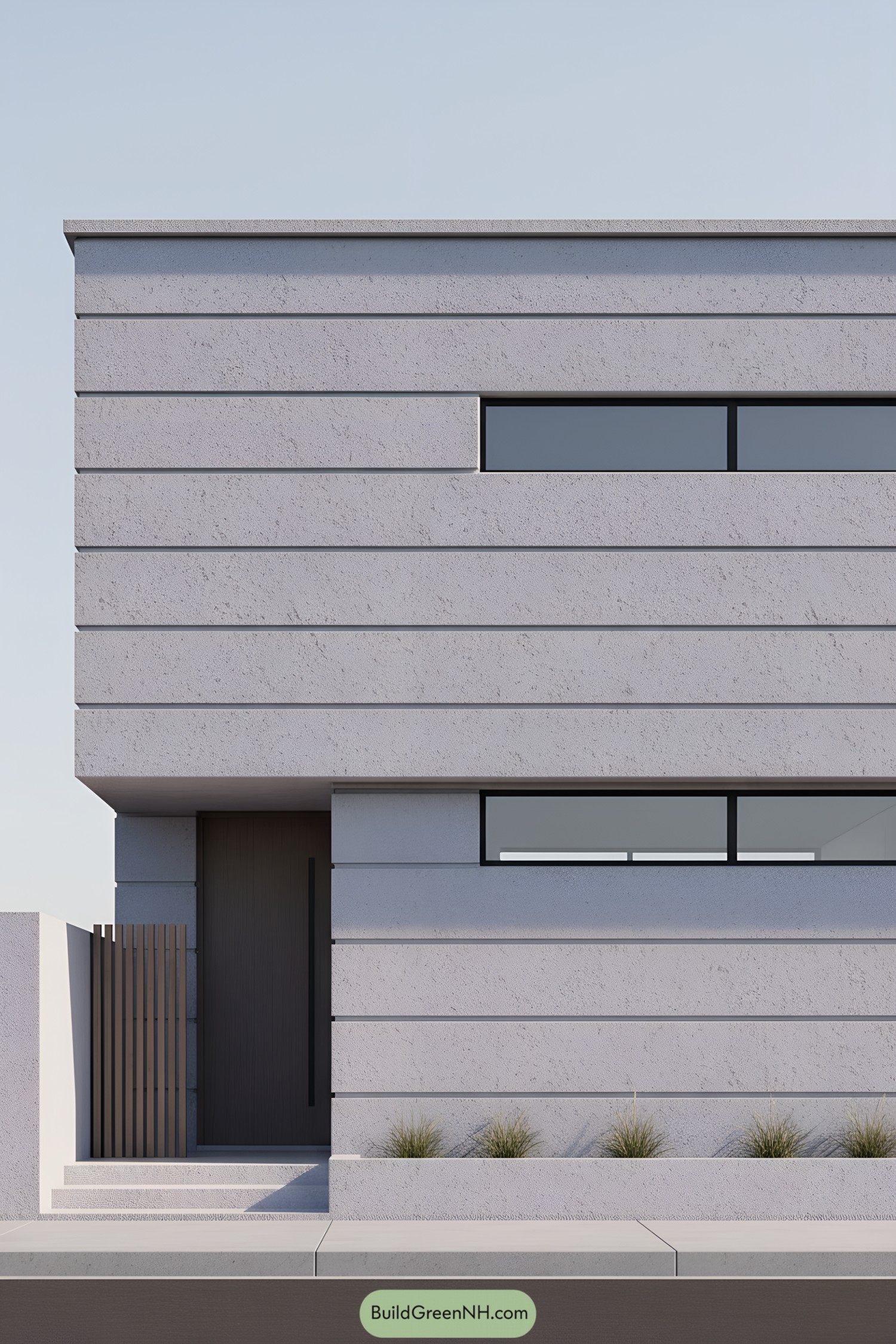 Minimalist stucco facade with horizontal bands