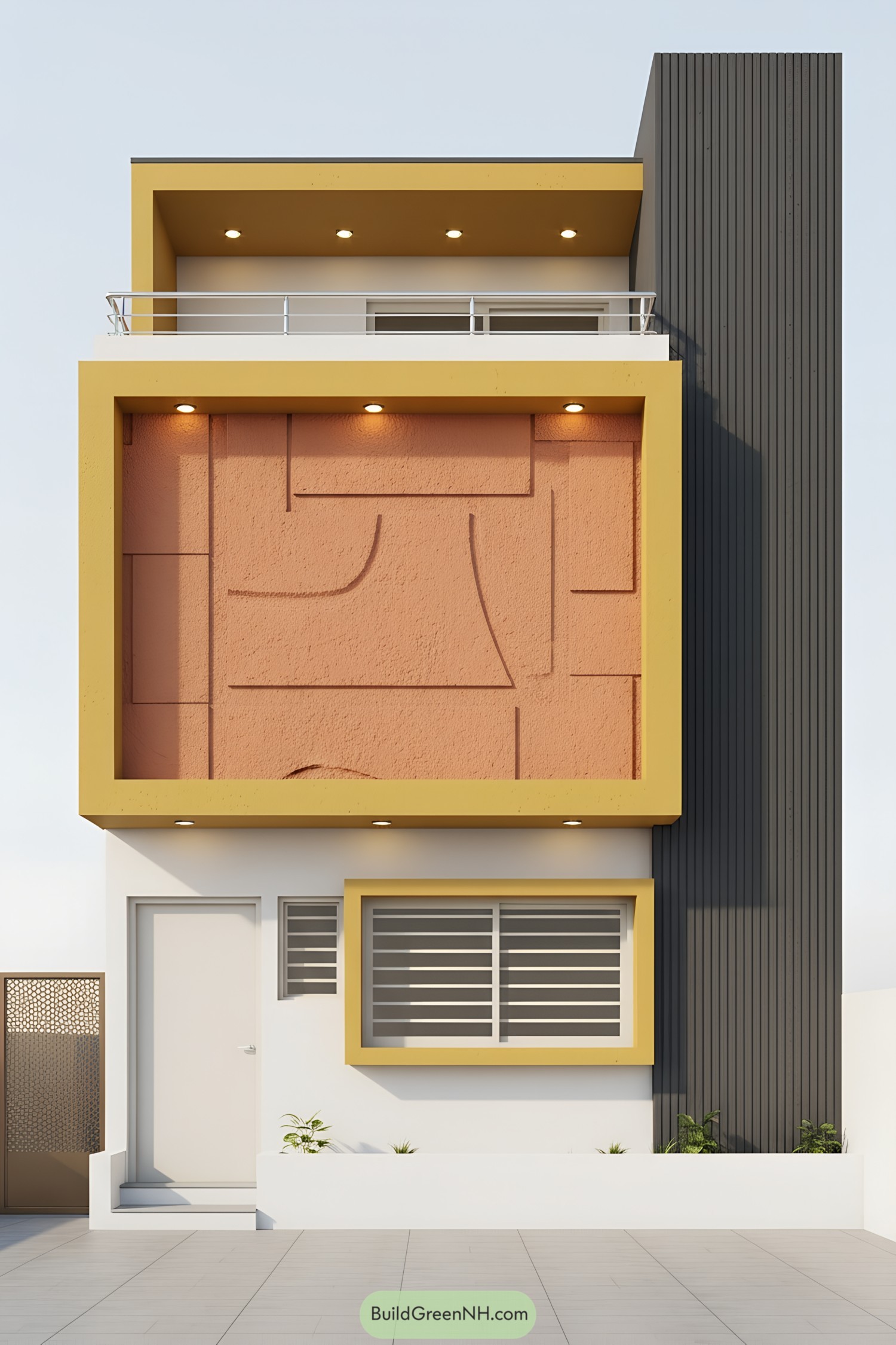 Modern facade with mustard frame and terracotta textured panel