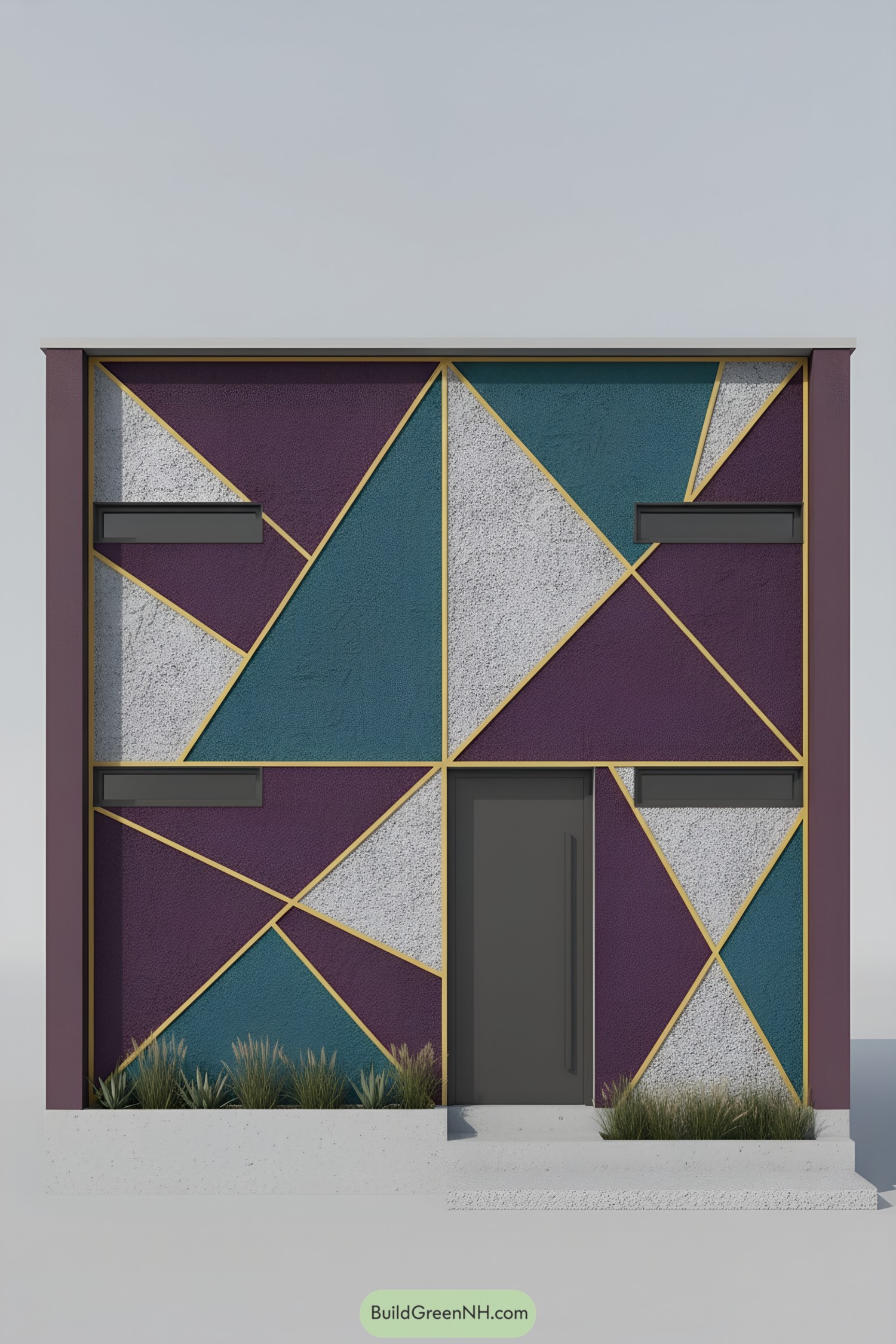 Color-blocked modern facade with gold trims