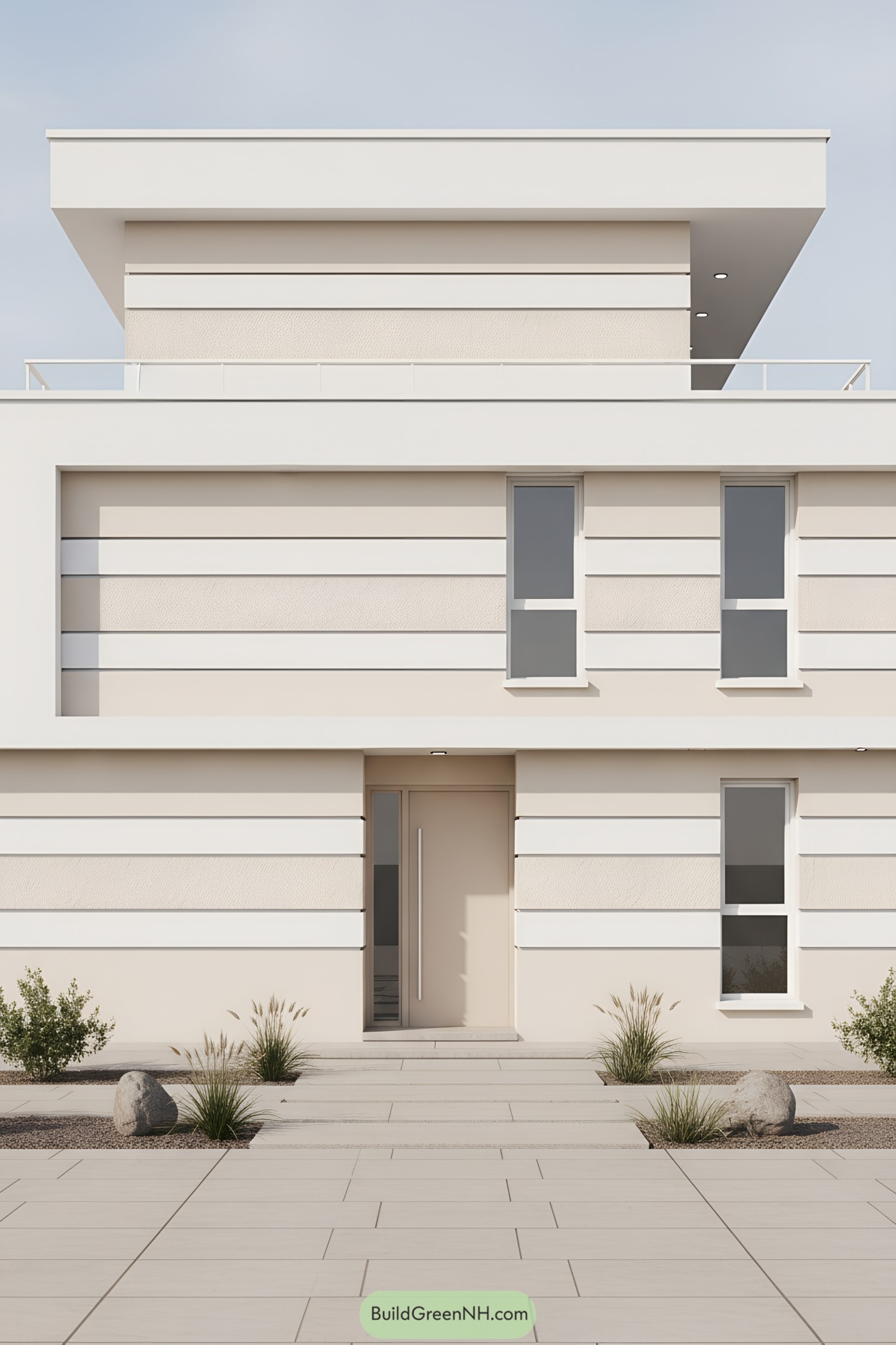 Minimalist cream facade with horizontal textured bands