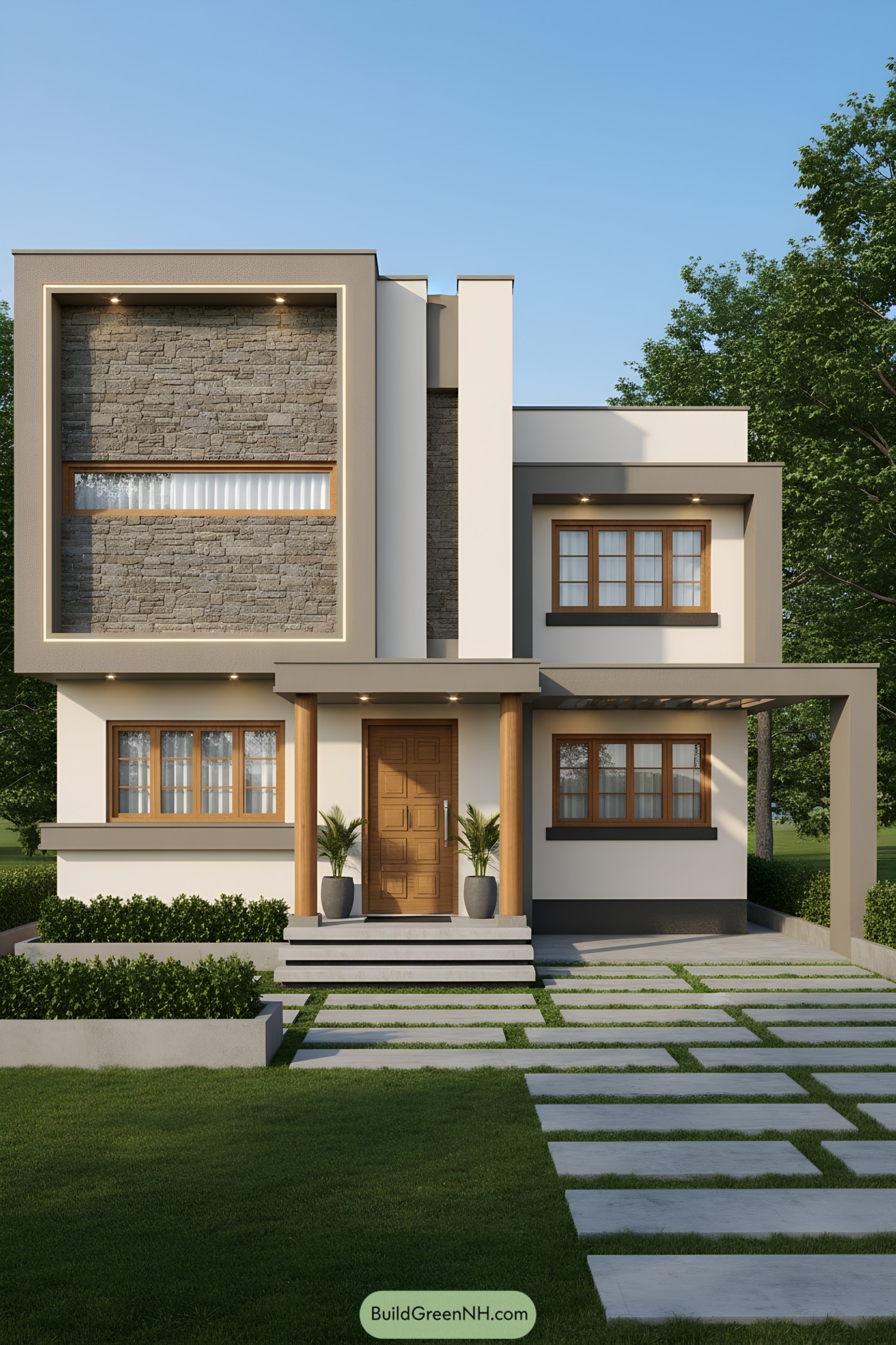 Modern house with stone and framed volumes