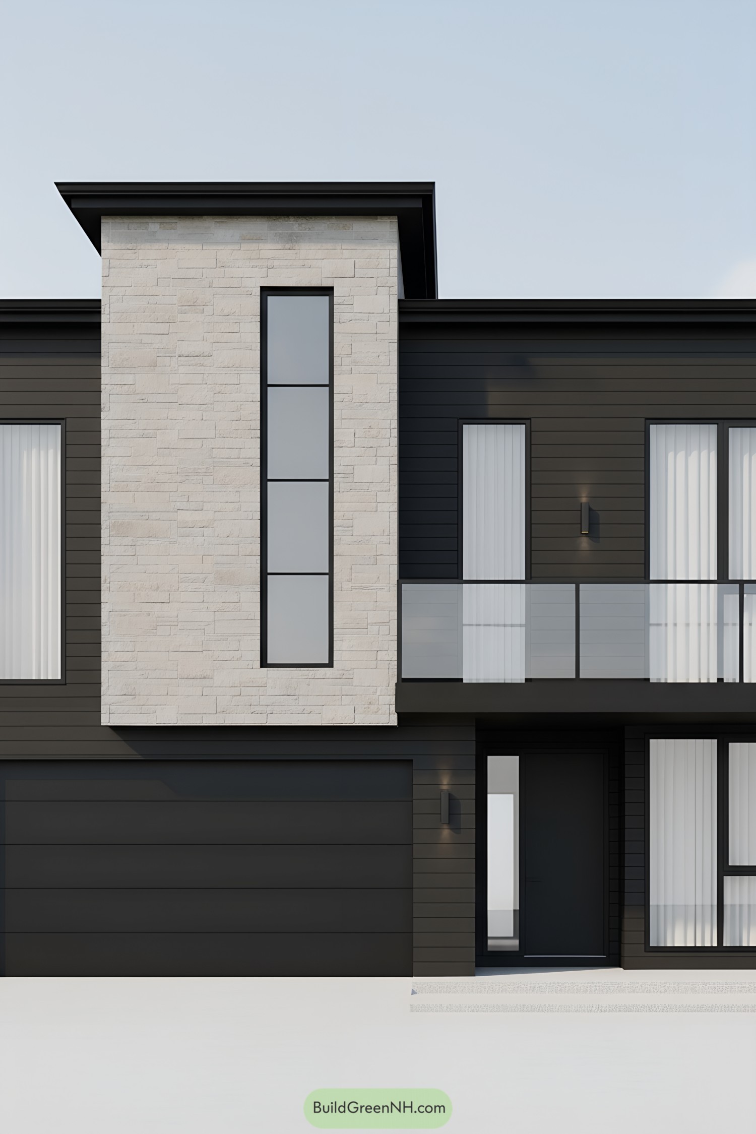 Modern black facade with stone tower and tall slit window