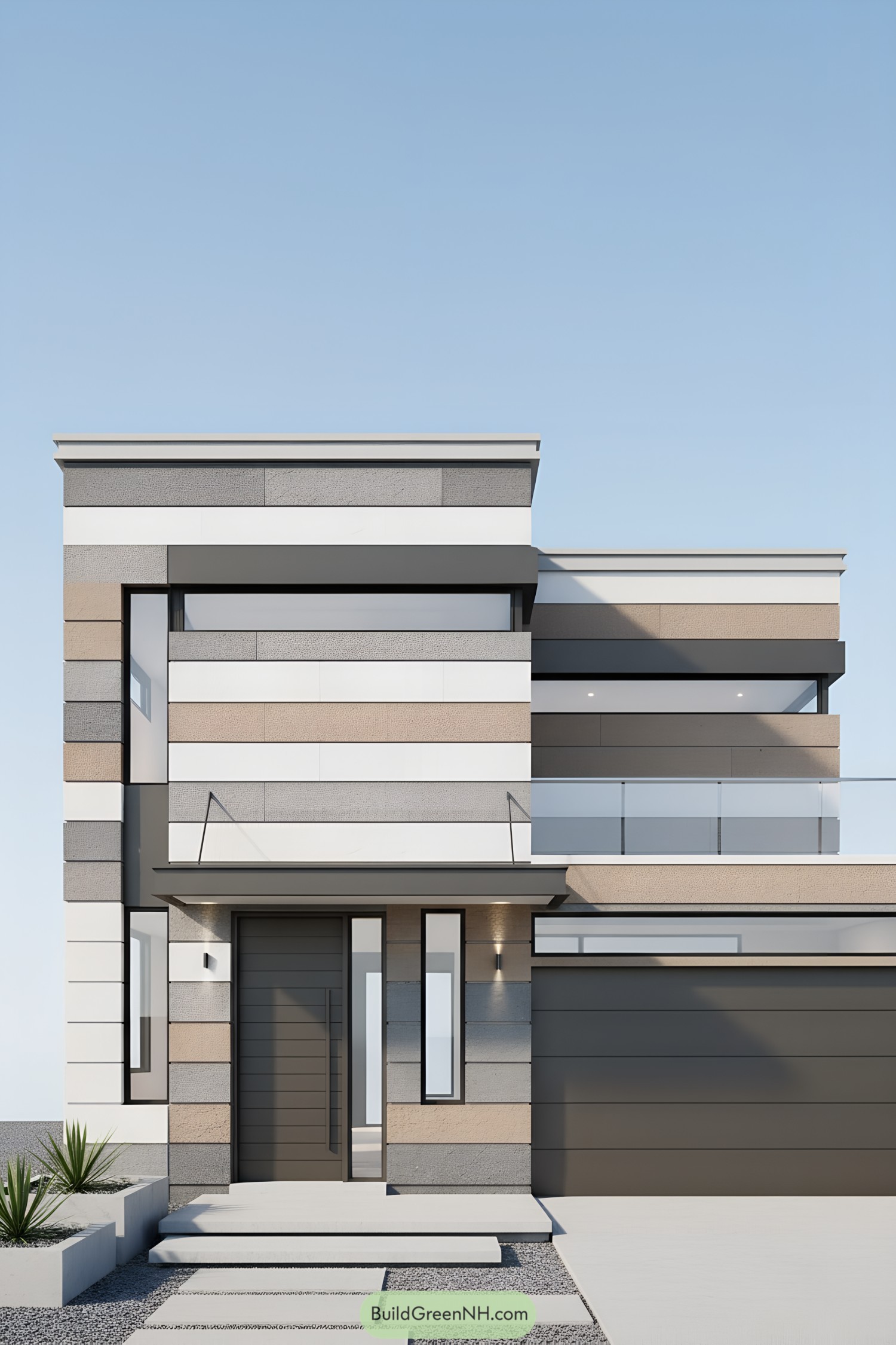 Modern striped facade with glass balcony