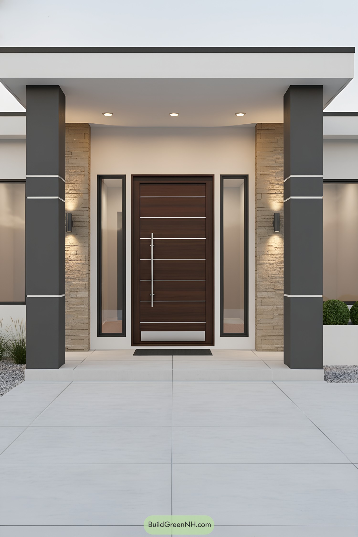 Modern porch with wood door flanked by slim windows and stone accents
