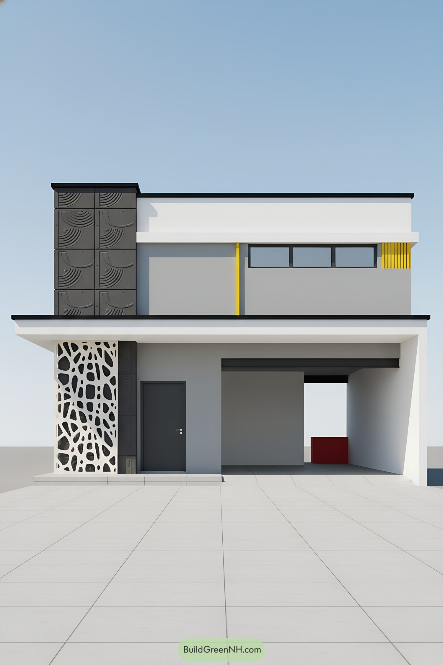 Modern two-story facade with perforated screen, embossed dark panels, slim windows, and yellow accents