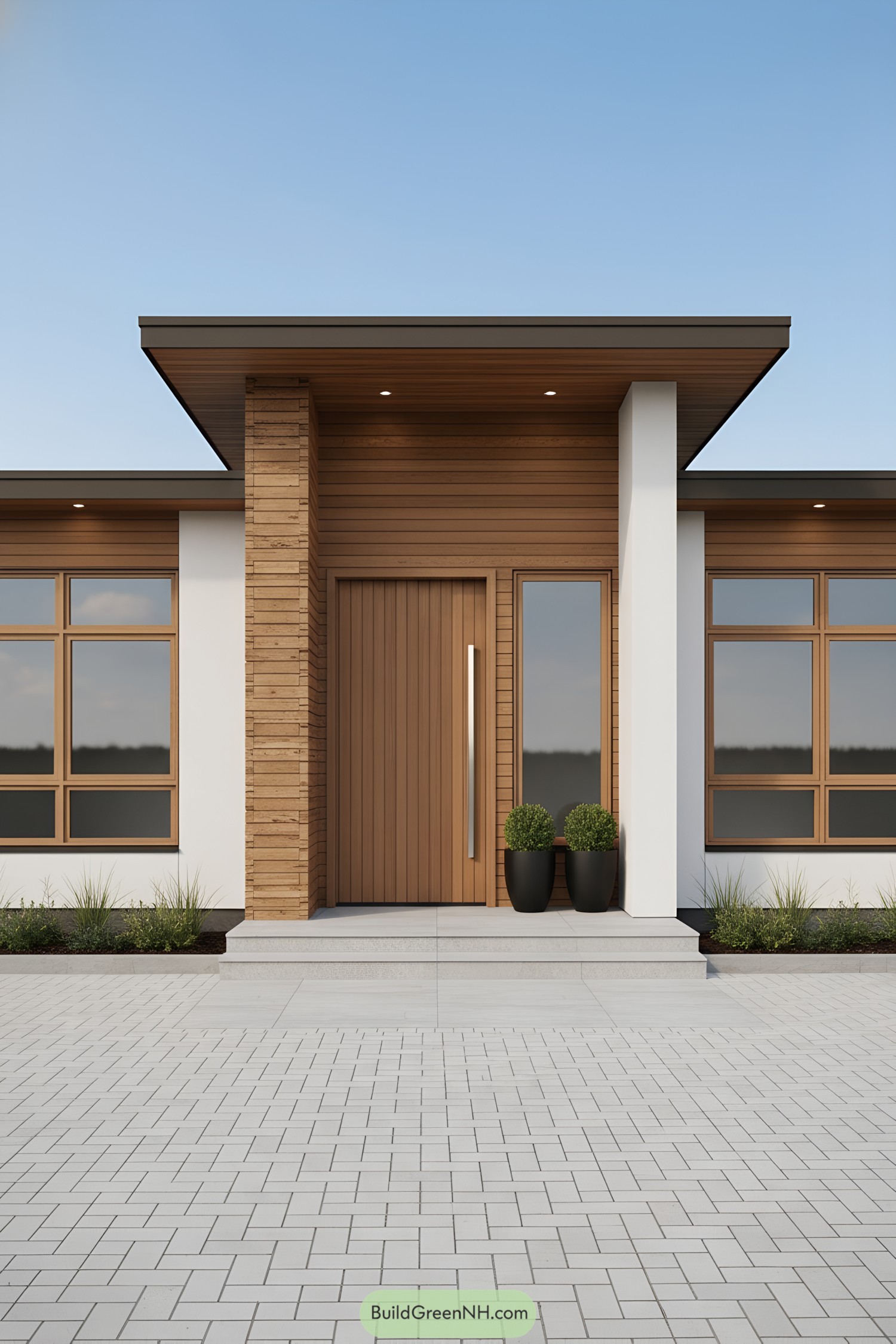 Modern wood and white facade with flat roof