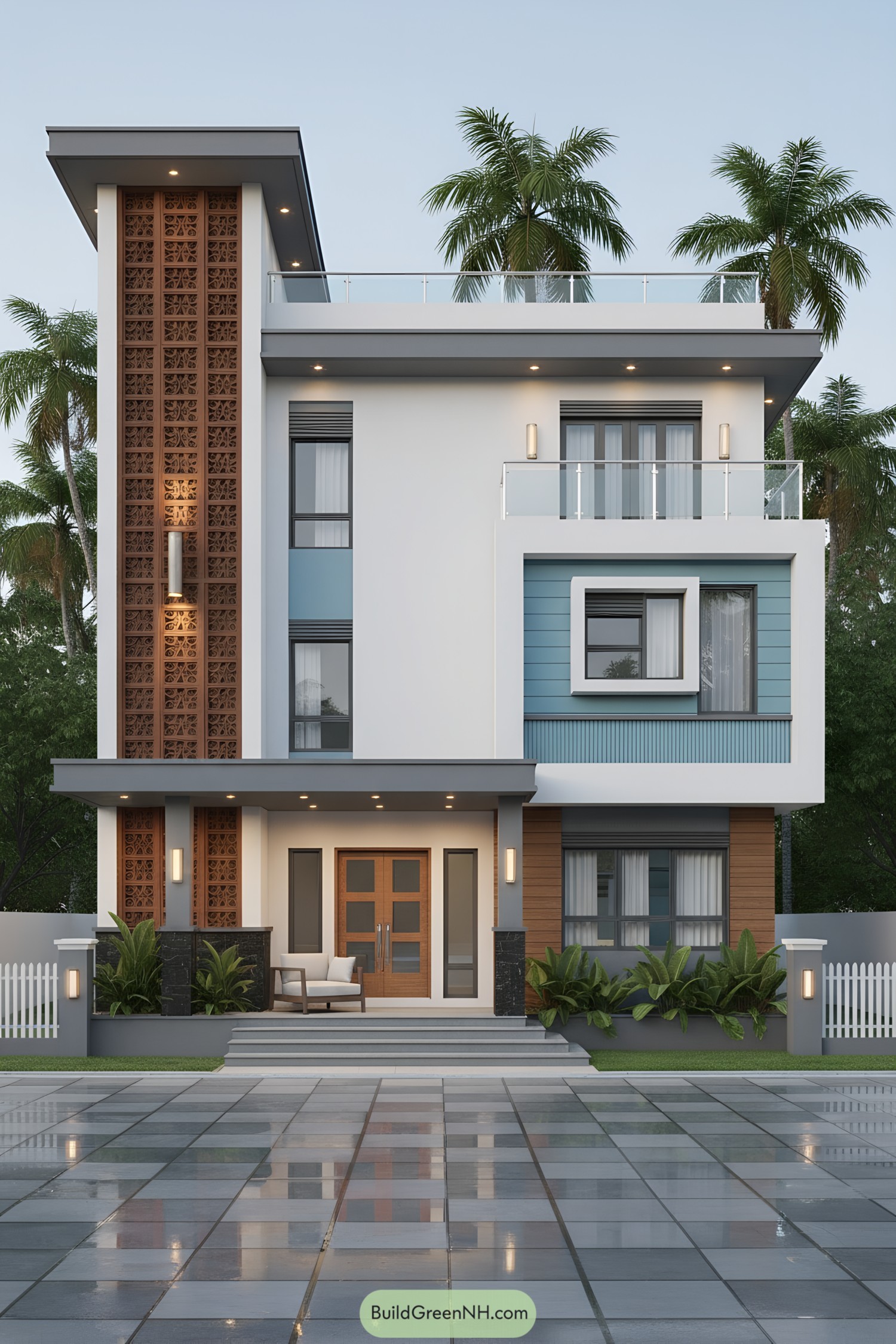 Modern three-story facade with breeze-block screen and blue accent cladding