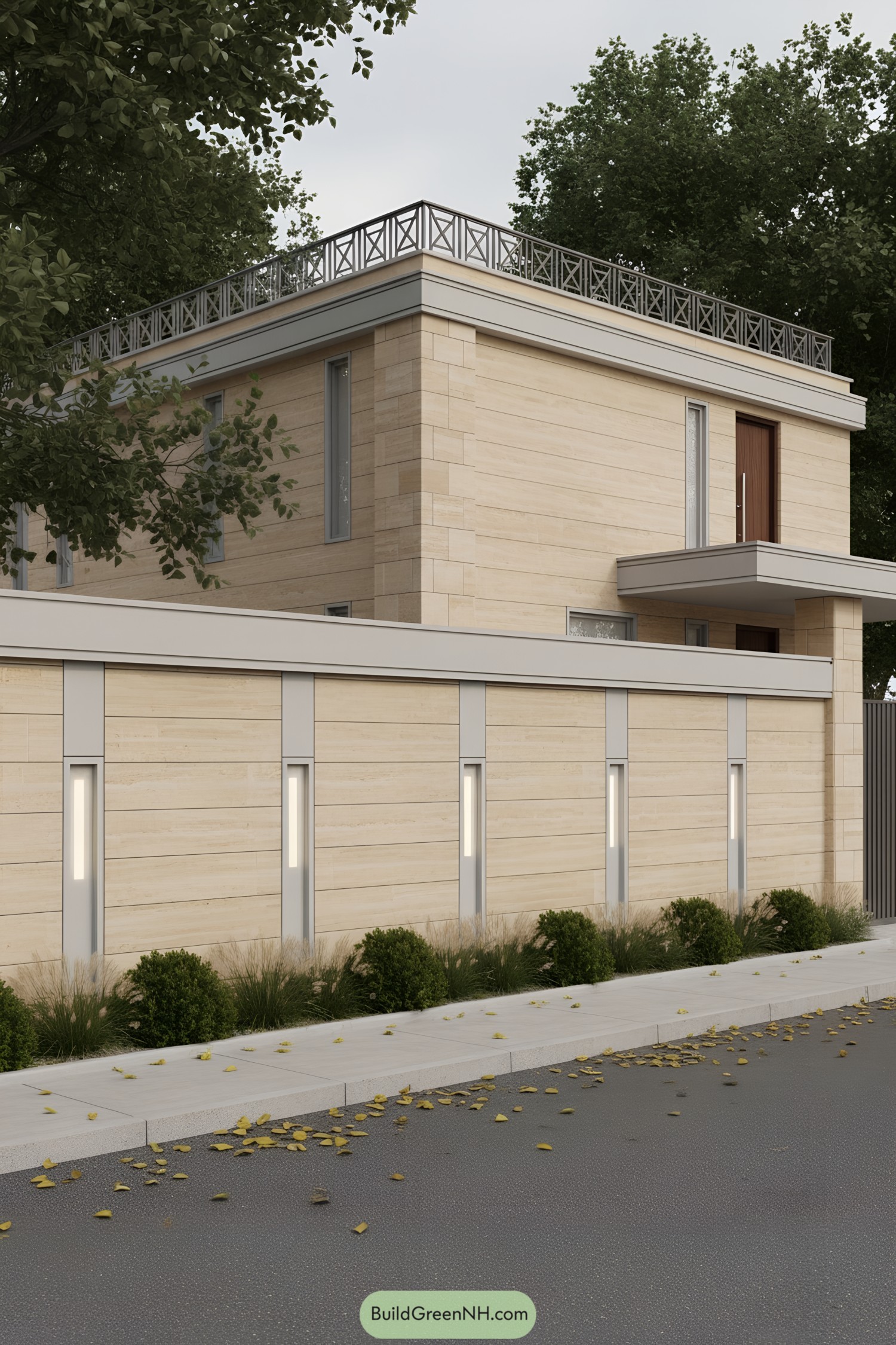 Modern limestone facade with slim vertical windows and metal terrace railing