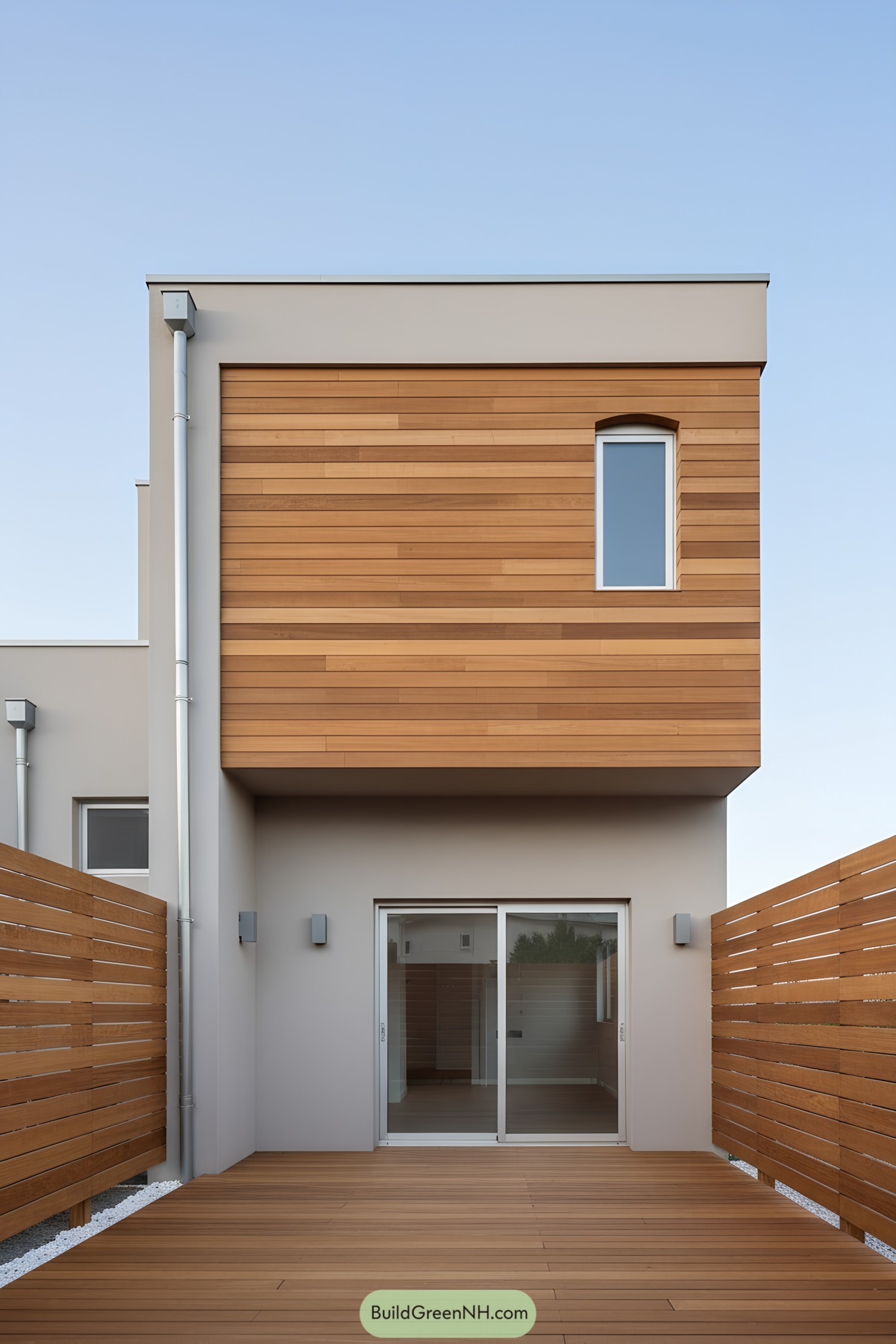 Modern facade with cedar cladding over a compact courtyard deck and sliding glass doors