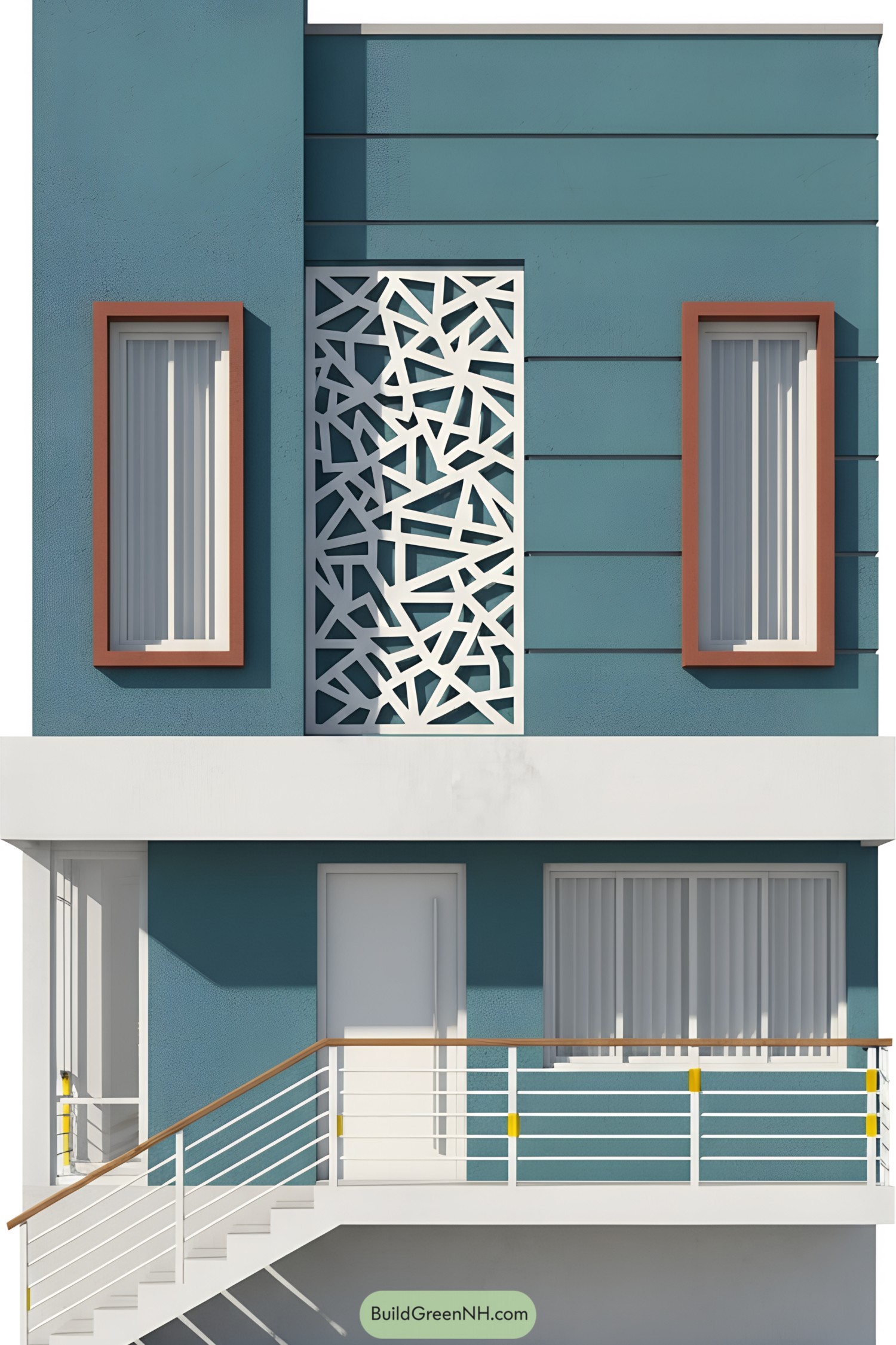 Modern blue facade with white geometric screen and tall framed windows