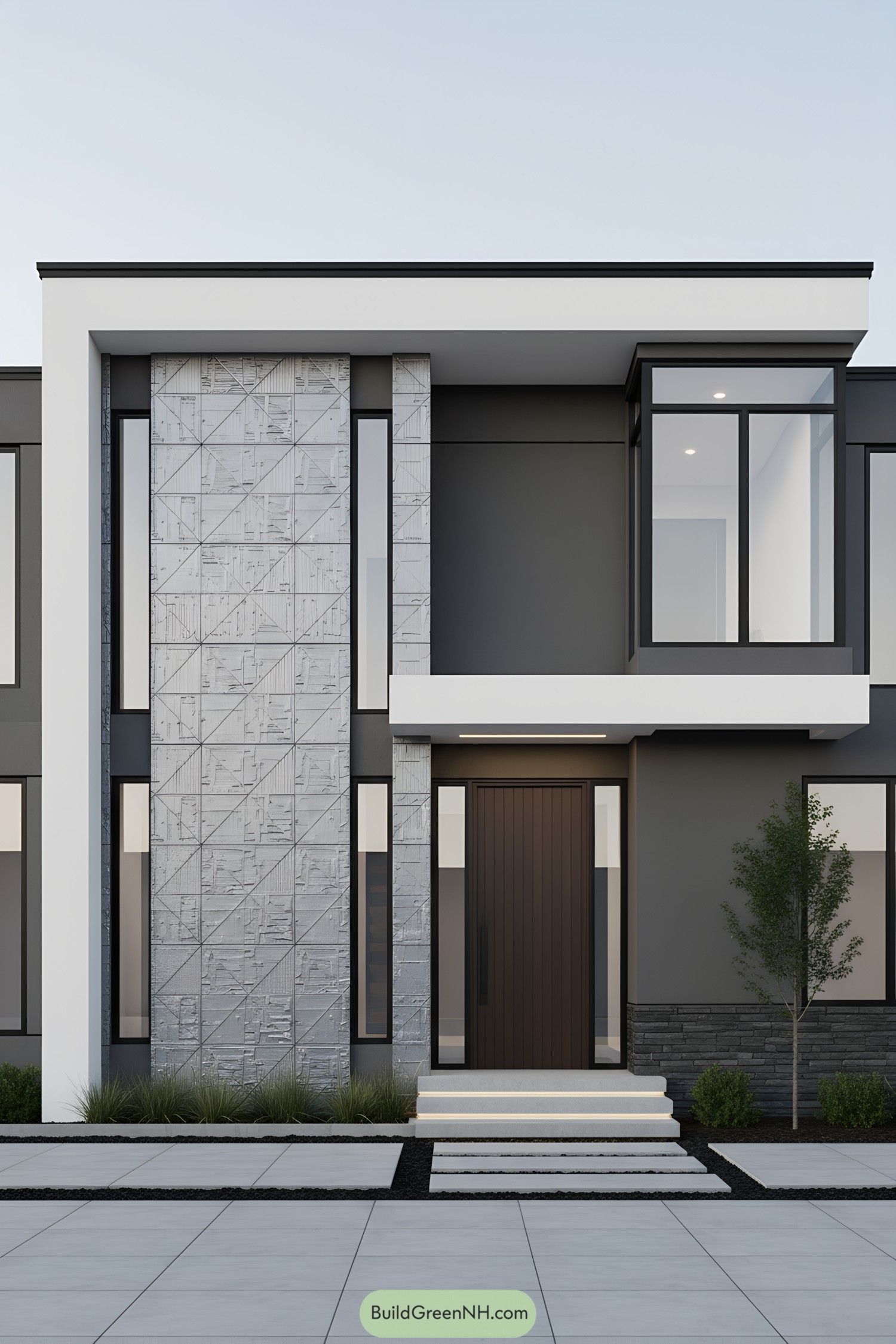 Modern facade with textured concrete panels and black-framed windows