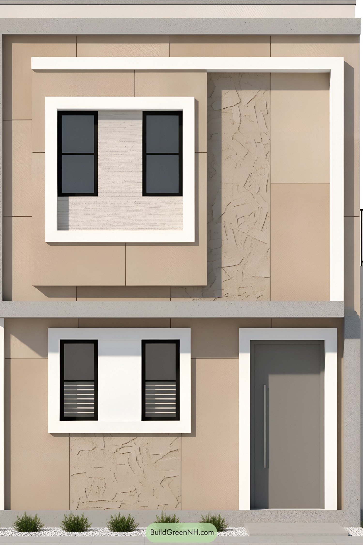 Minimalist tan facade with textured panels and bold white frames around black-trim windows and a gray door